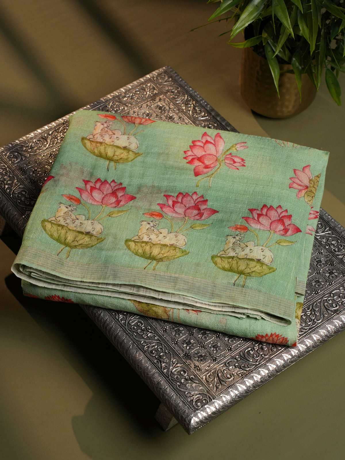 Pale Green Linen Kora Silk Saree