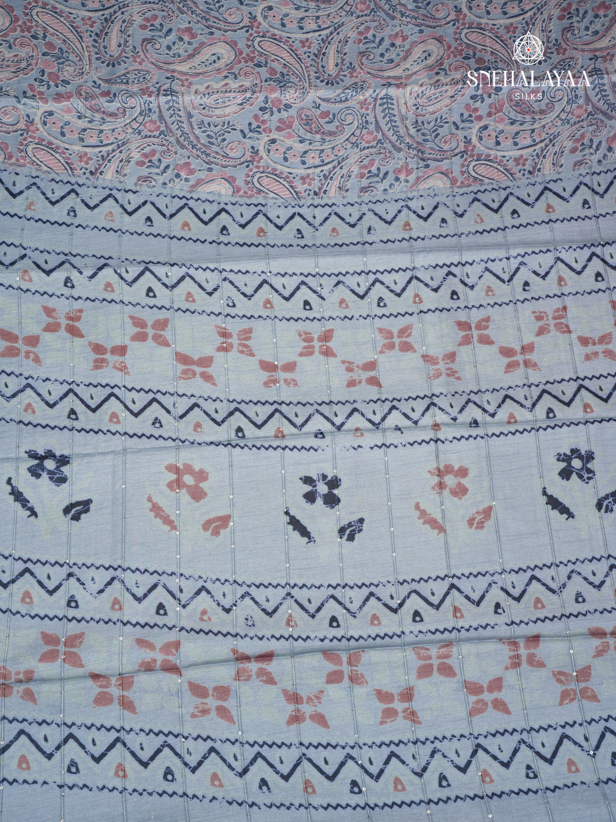 Pastel Blue Floral Printed Tussar Saree