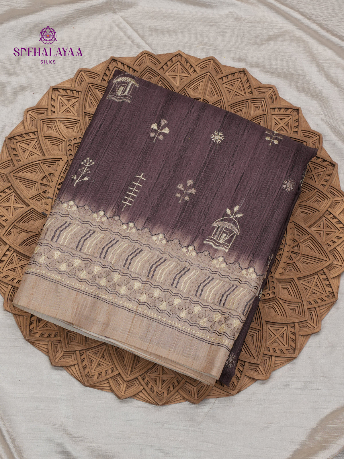 Grey Tussar Embroidery Saree