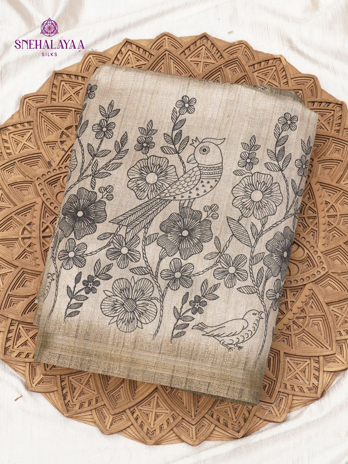 Grey Floral Printed Tussar Saree