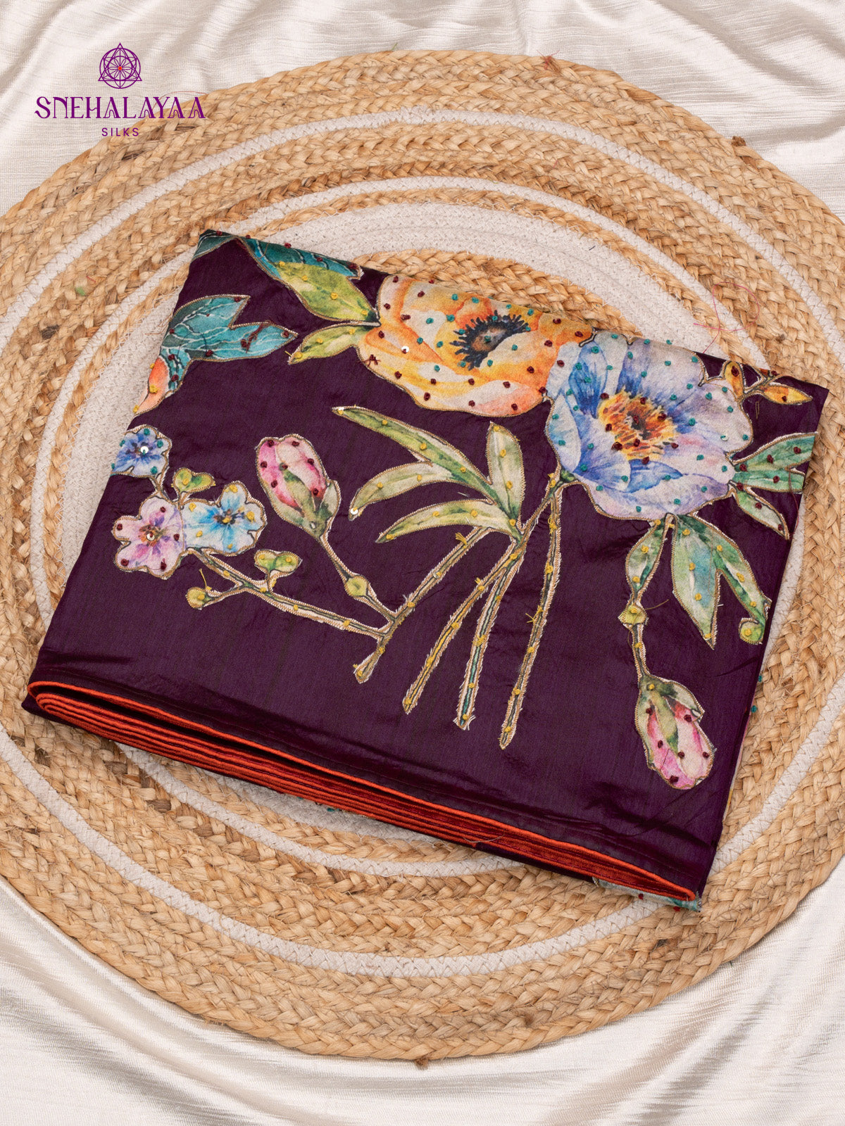 Plum Raw Silk Embroidery Saree