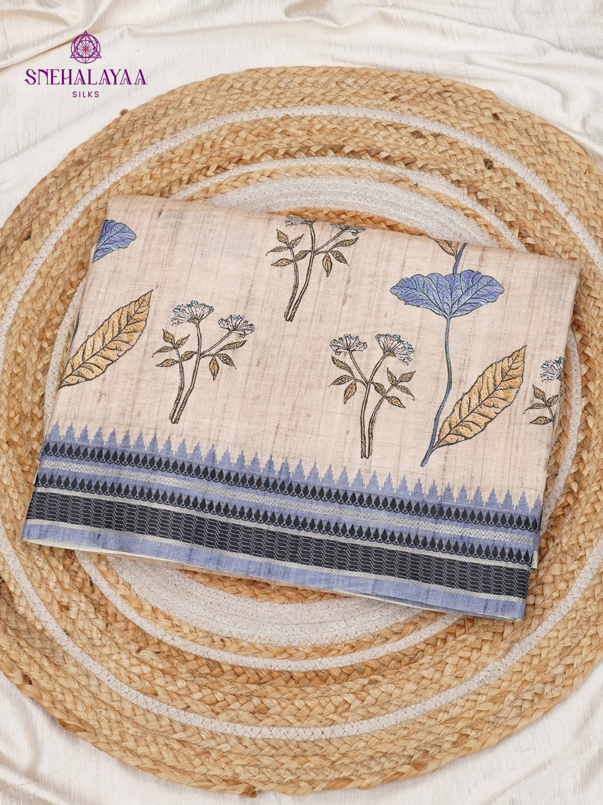 Beige With Blue Border Floral Printed Tussar Saree