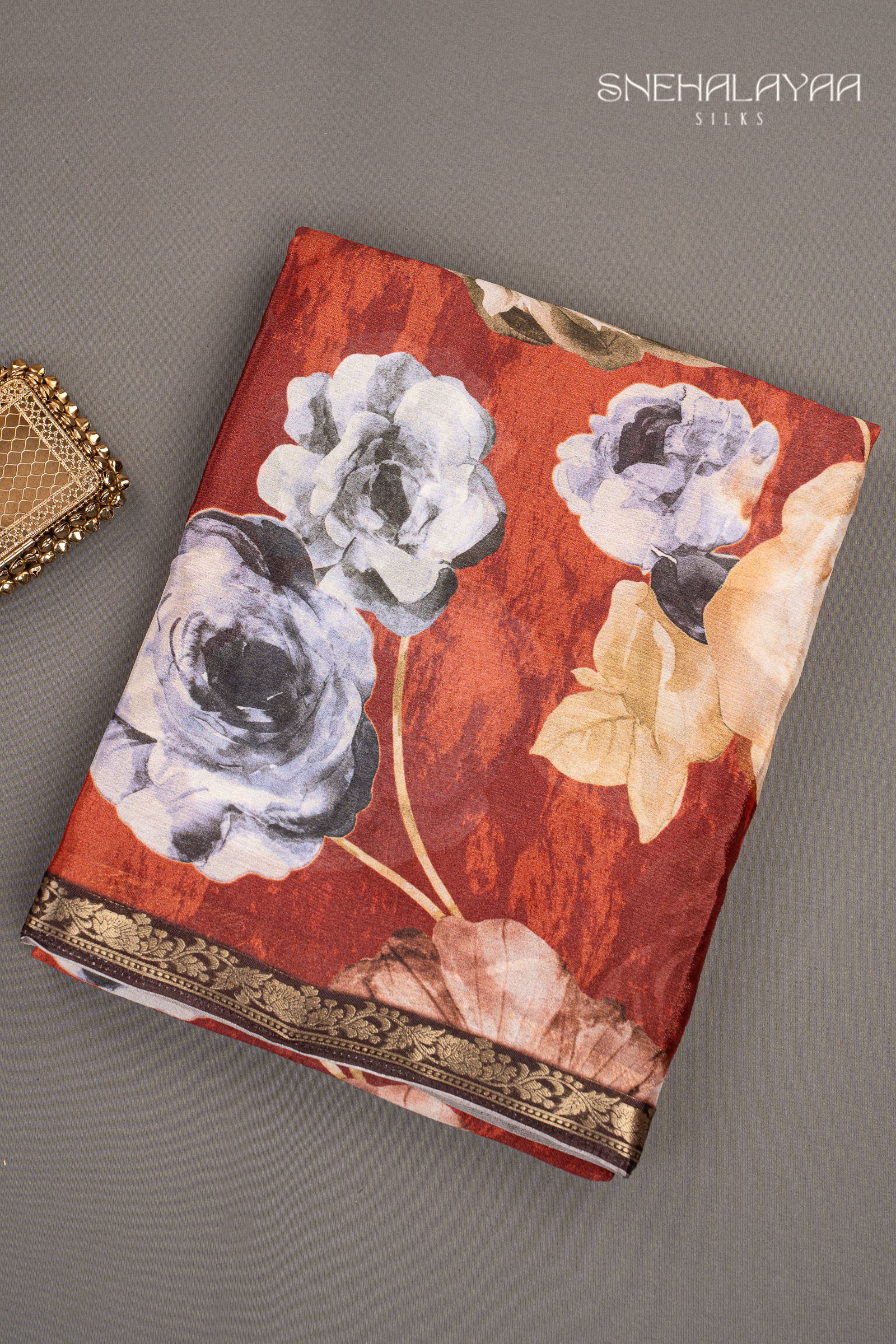 Rust Orange Chinon Saree