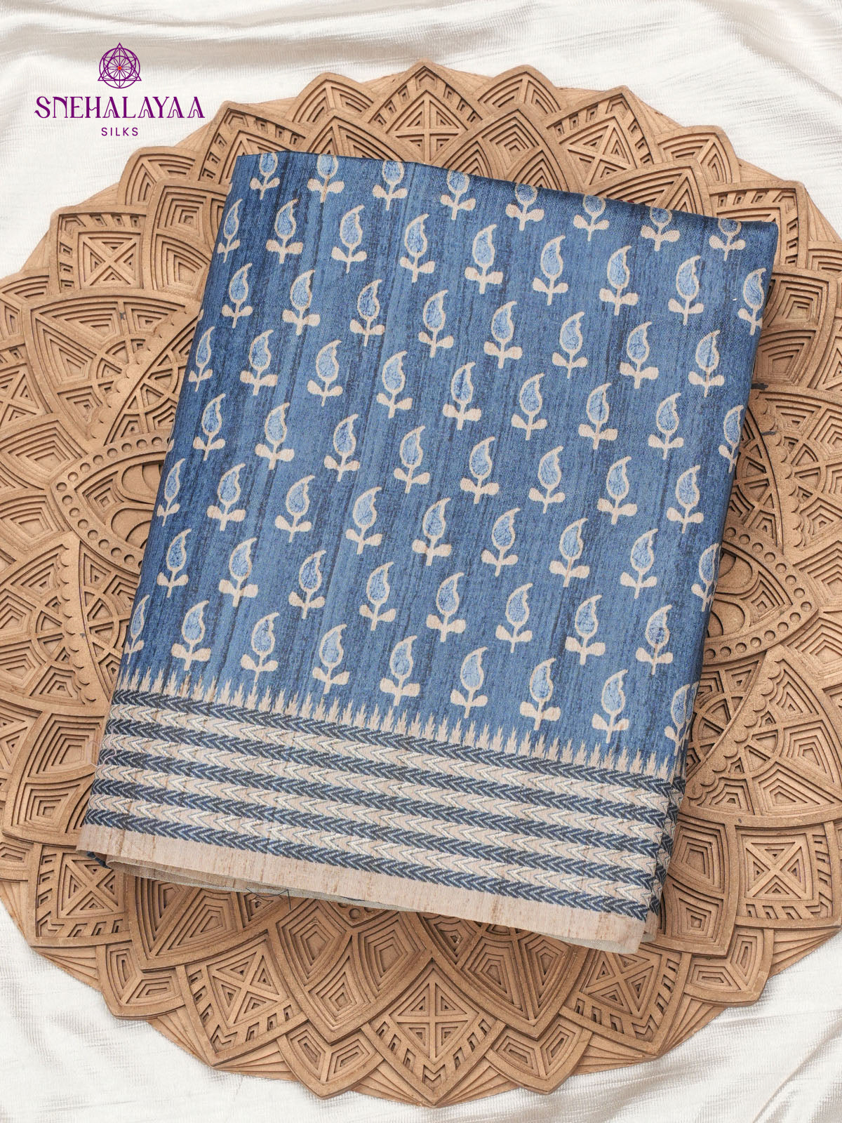 Teal Blue Tussar Embroidery Saree