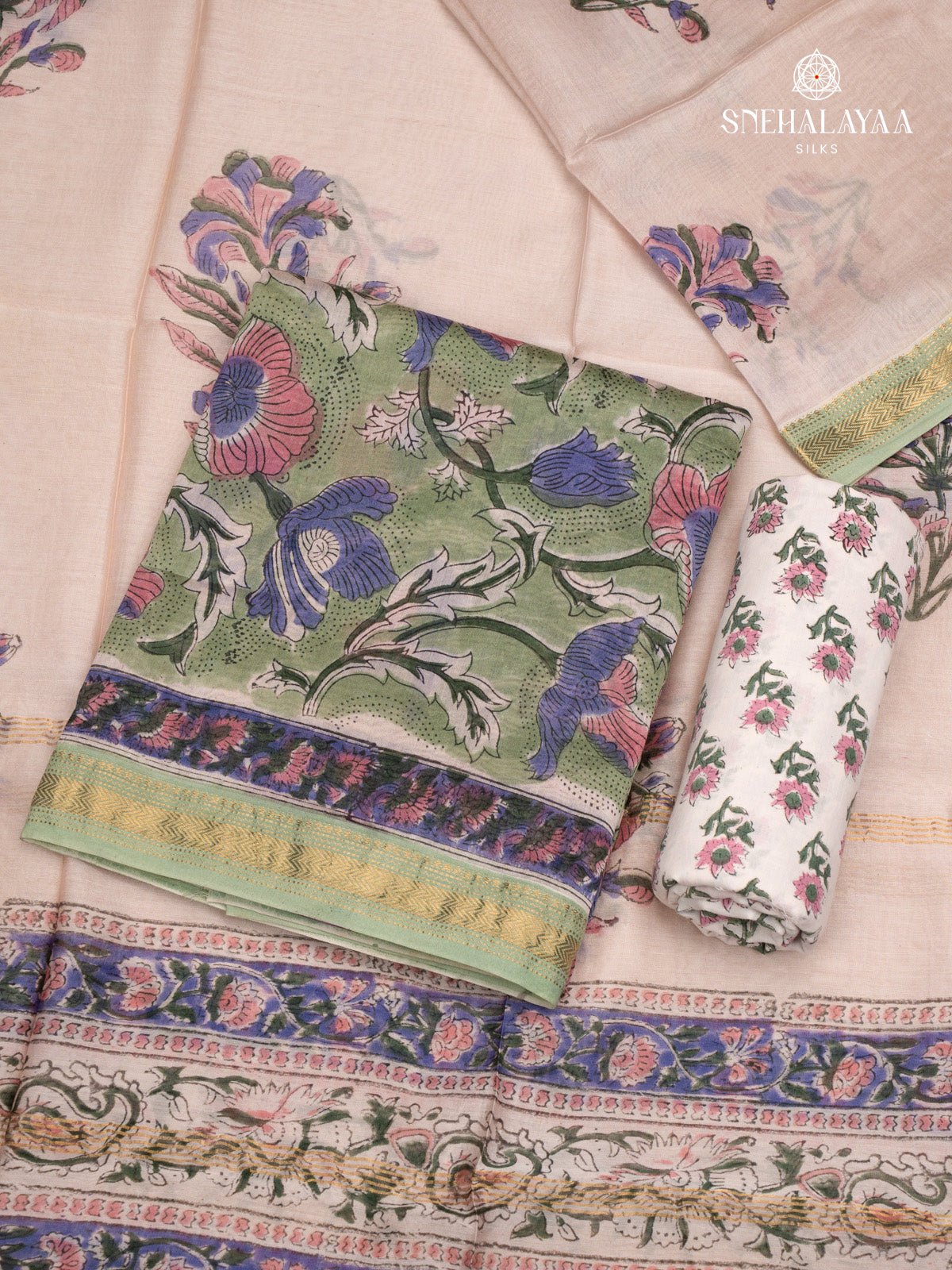 Green Chanderi Cotton 3-Piece Salwar Suit Material