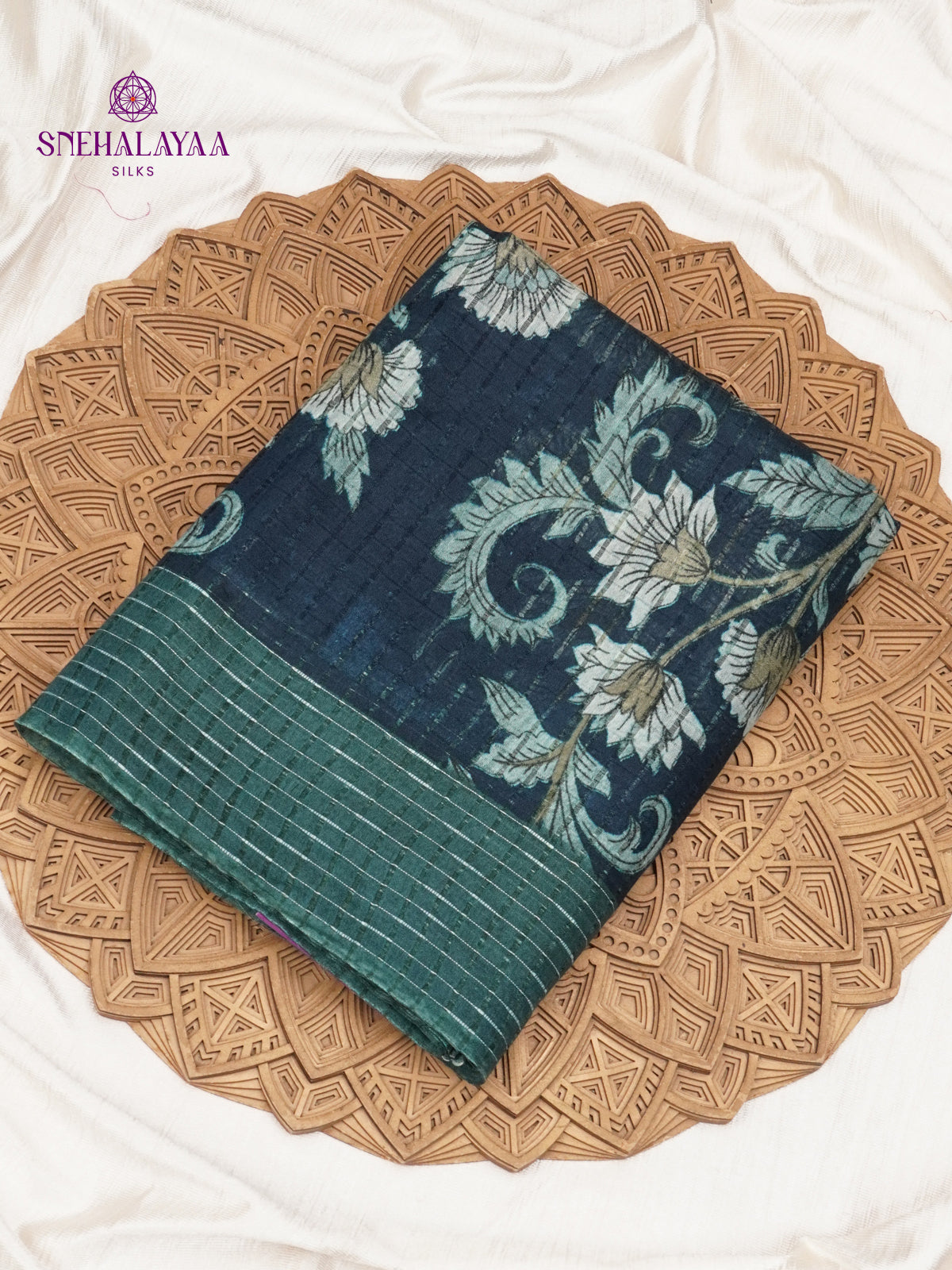 Peacock Blue Bamboo Silk Saree