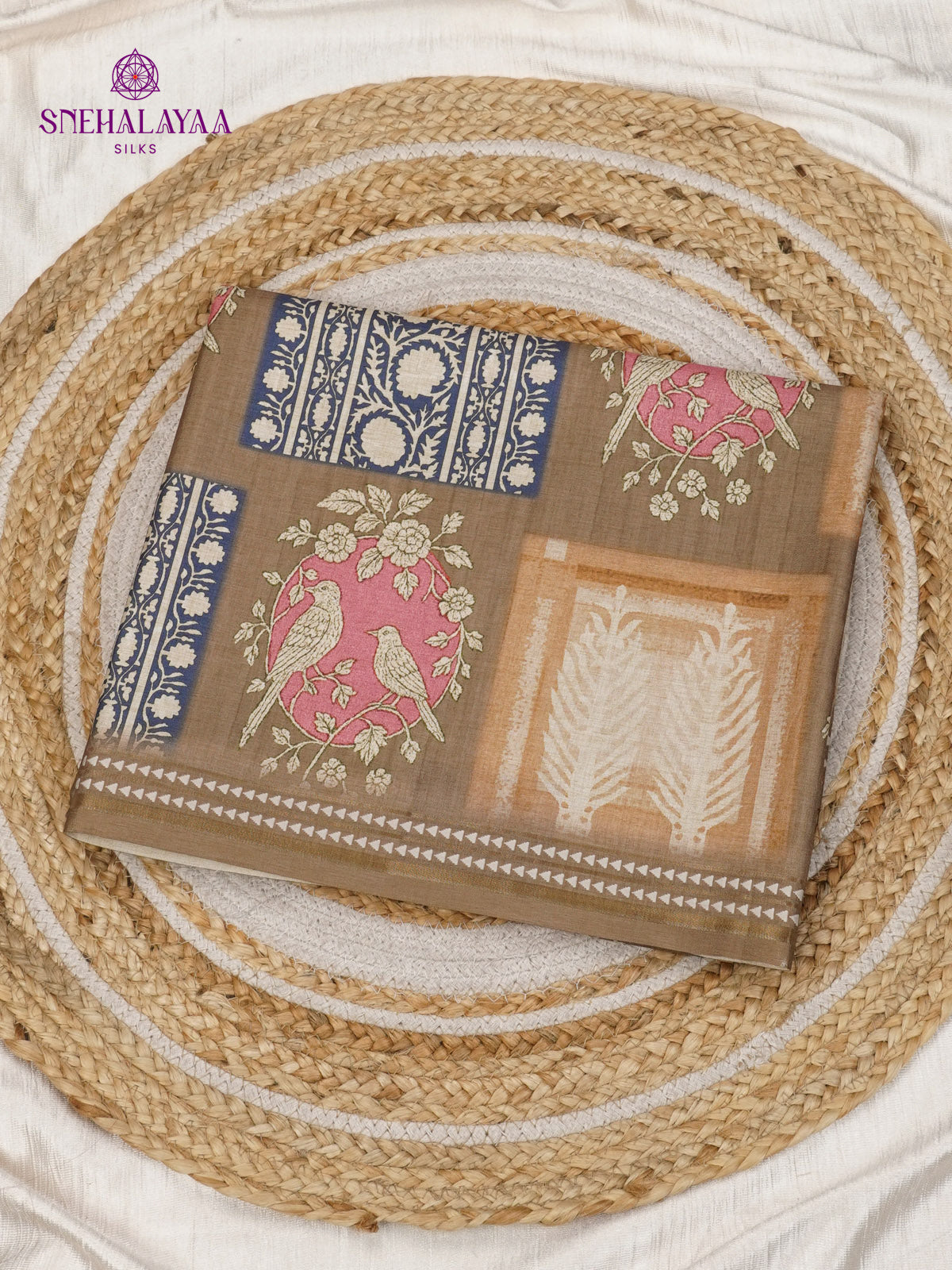 Brown Floral Printed Tussar Saree