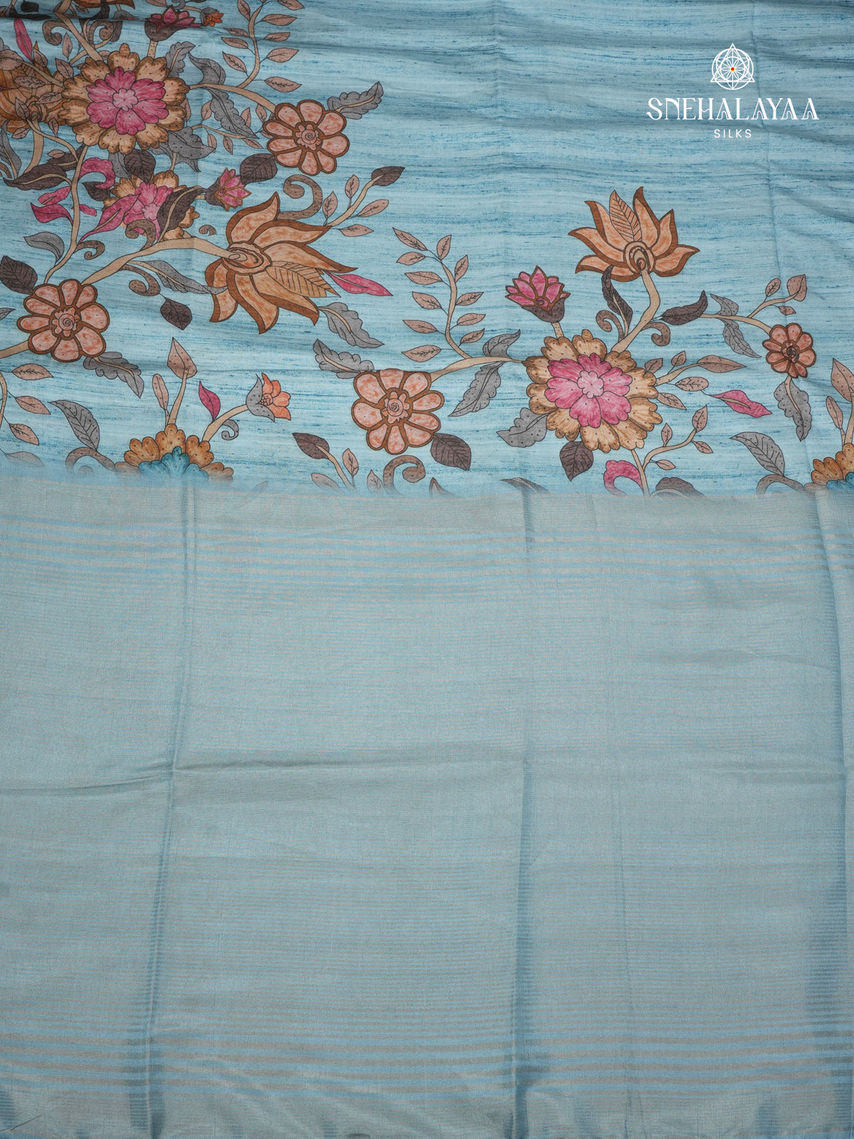 Sky Blue Floral Printed Tussar Saree