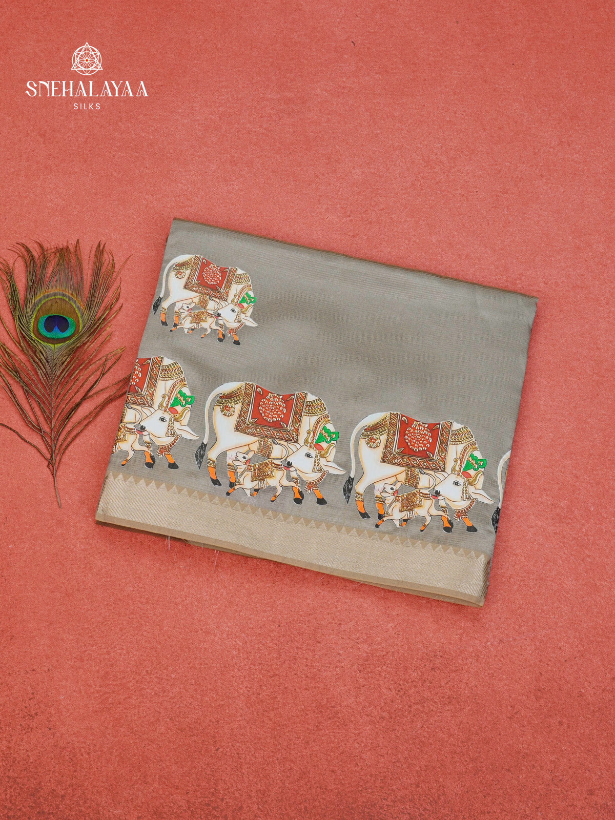 Grey Mangalagiri Silk Cotton Saree with Tanjore Art Print