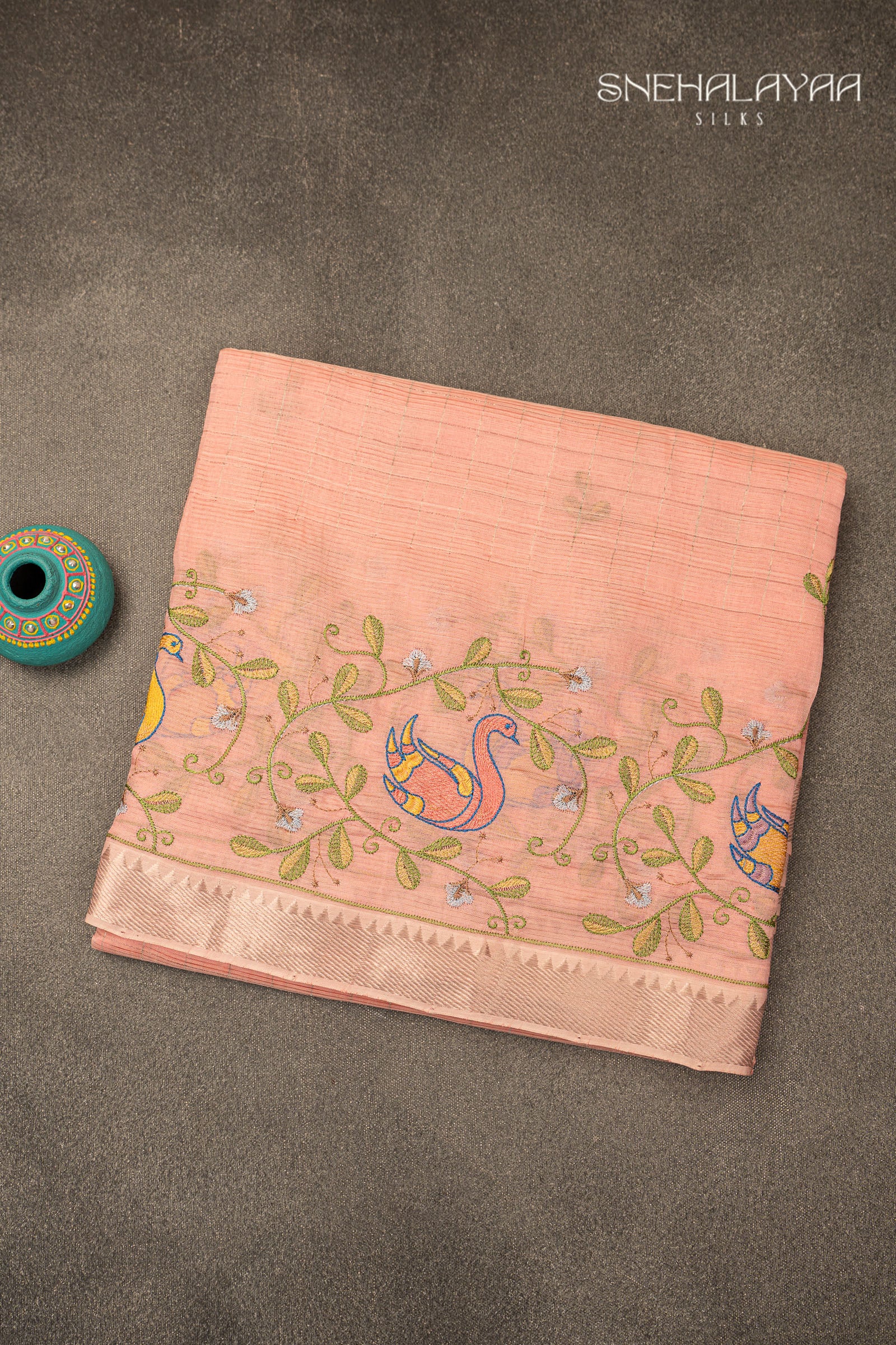 Salmon Pink Mangalgiri Embroidery Saree