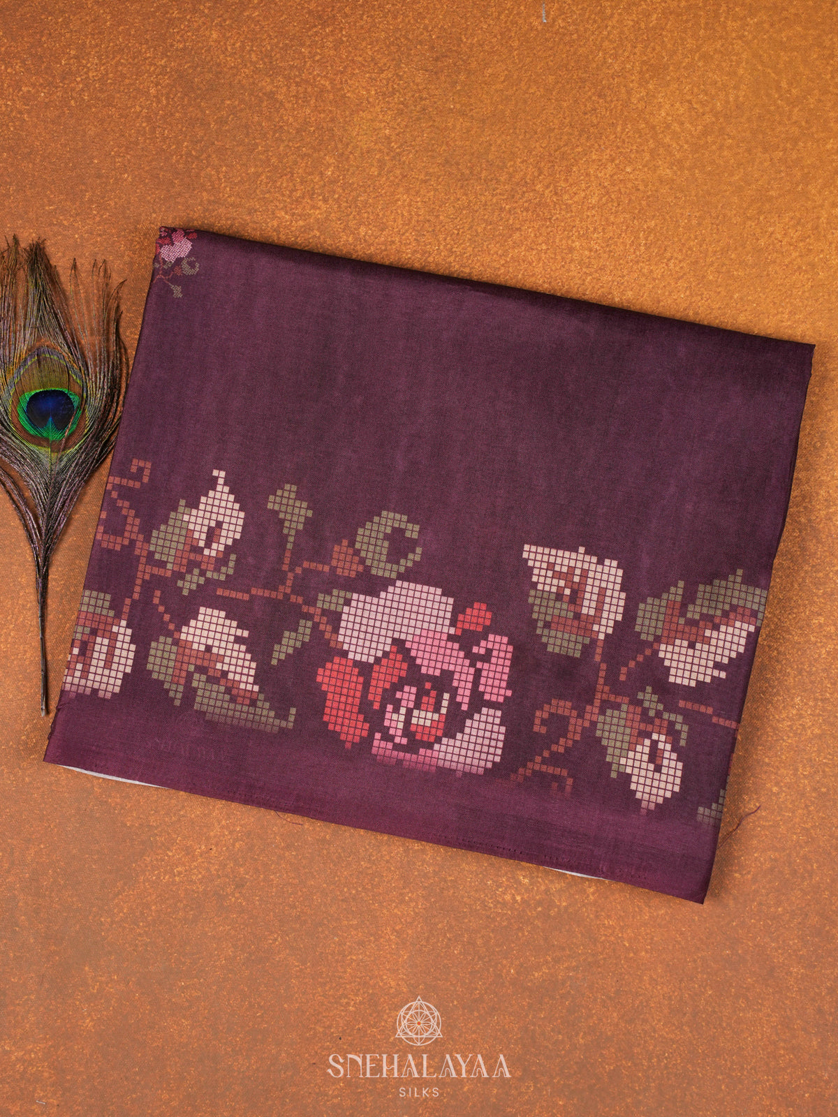 Magenta Floral Printed Tussar Saree