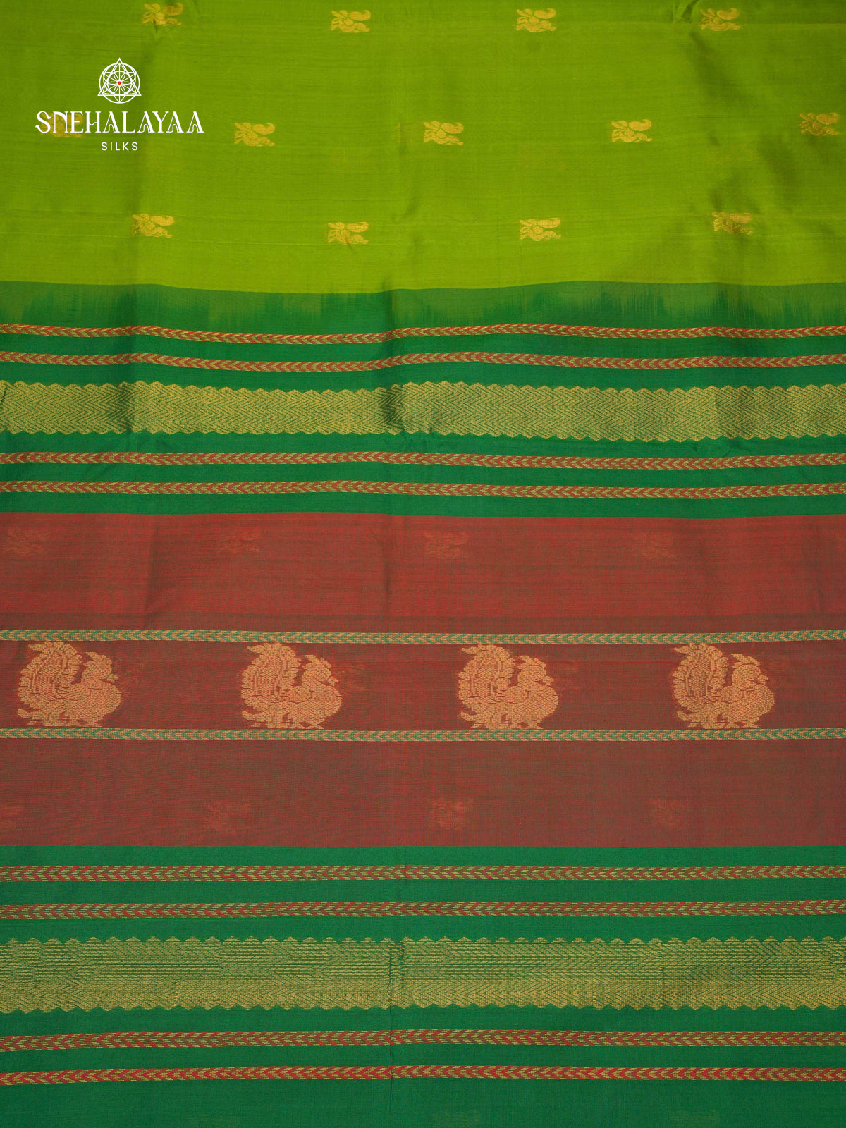 Green Kuppadam Silk Cotton Saree with Contrast Border & Woven Motifs