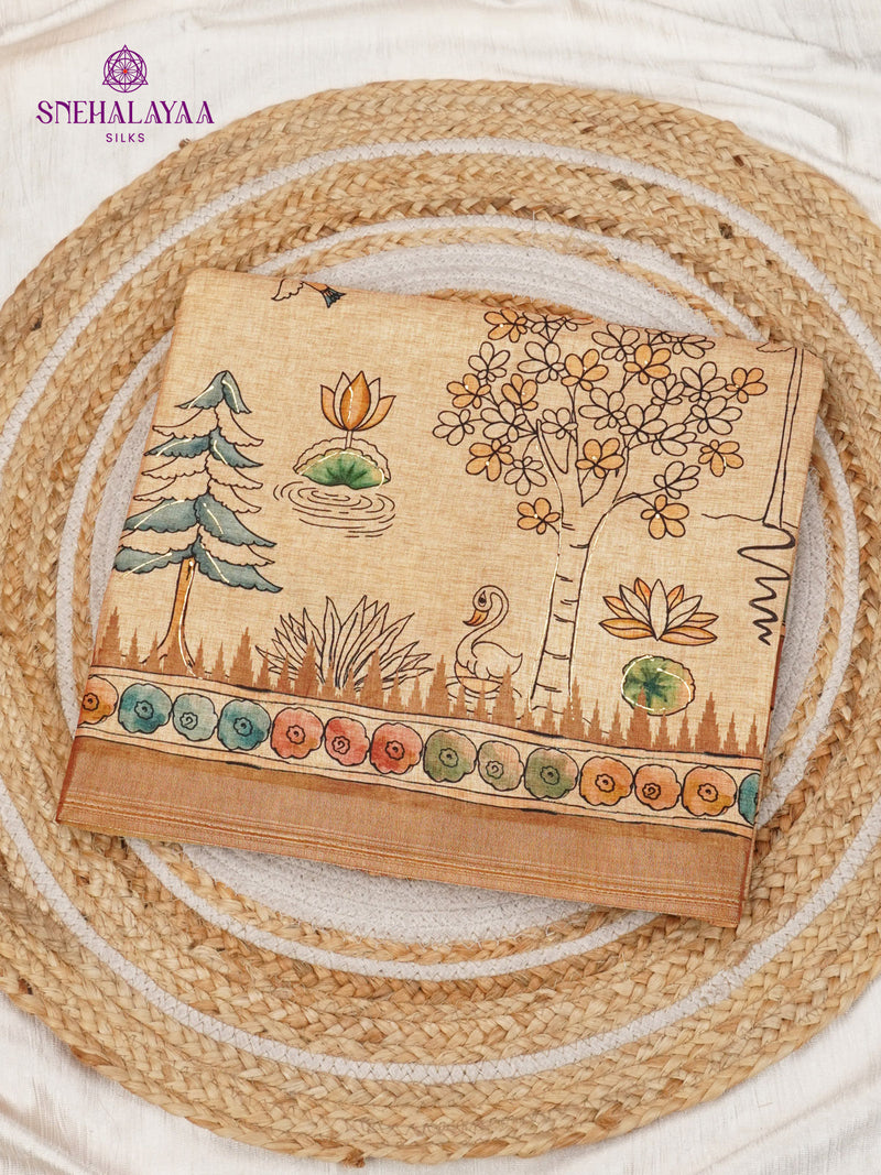 Beige Floral Printed Tussar Saree