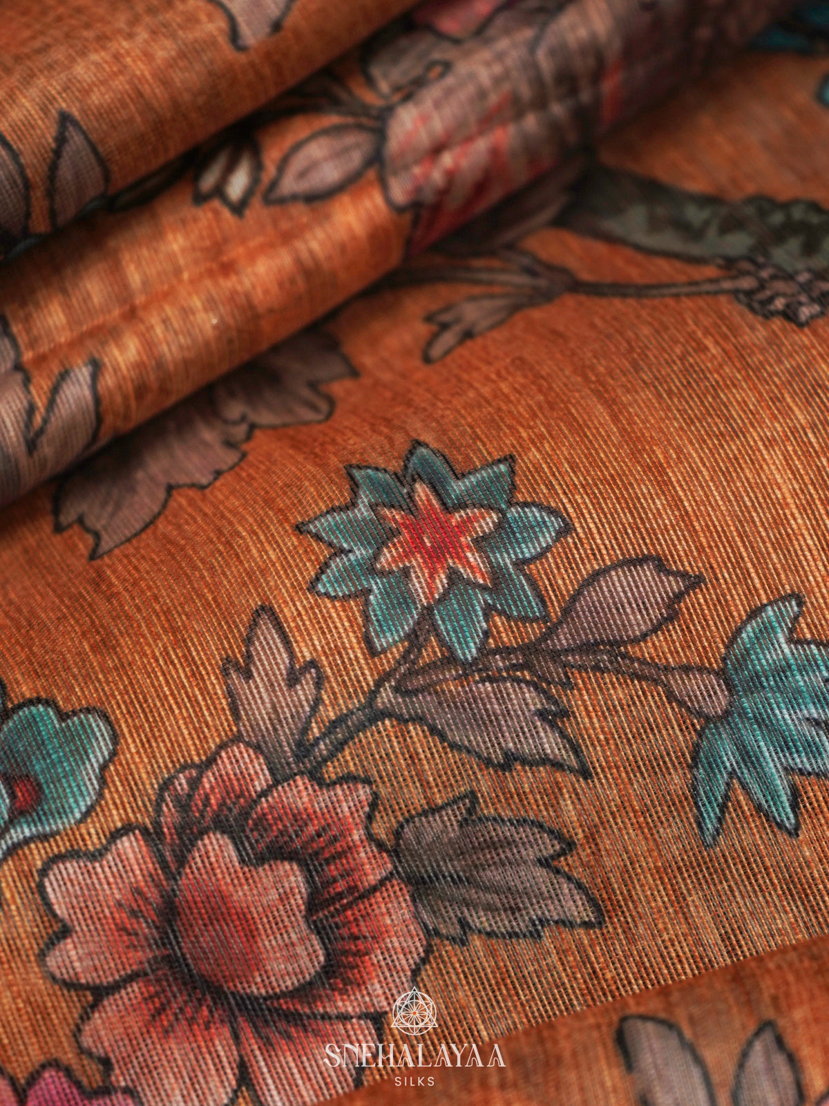 Rust Orange Printed Linen Saree