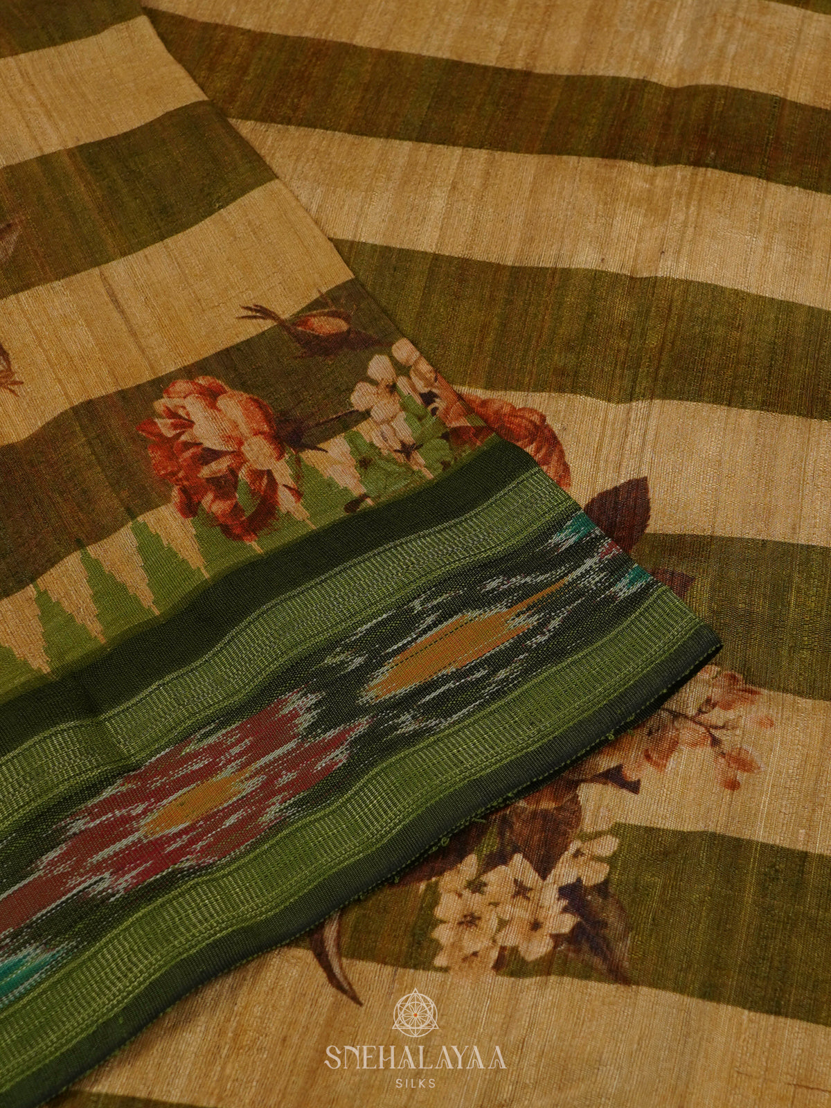 Beige Munga Tussar Saree with Green Border