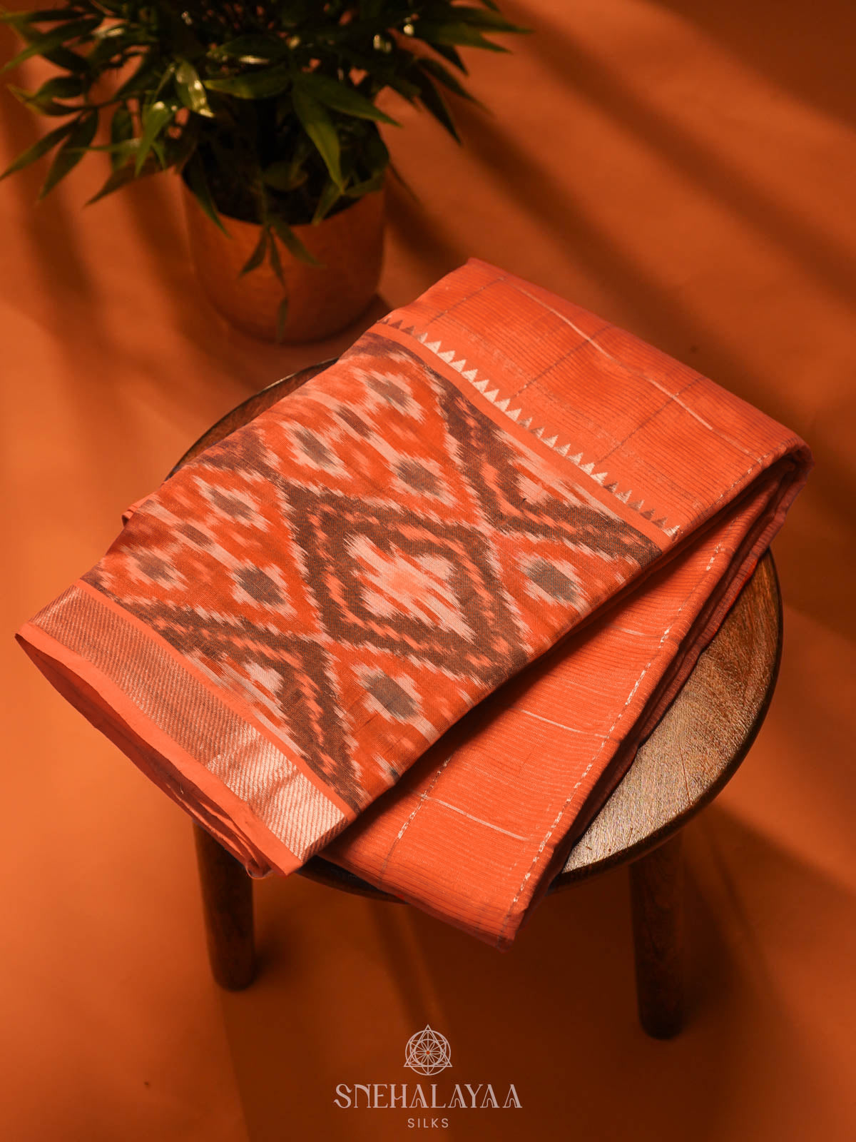 Orange Mangalagiri Silk Cotton Saree with Ikat Border