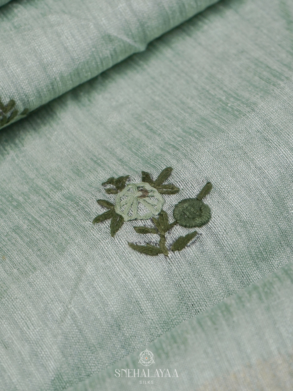 Pale Green Linen Embroidery Saree