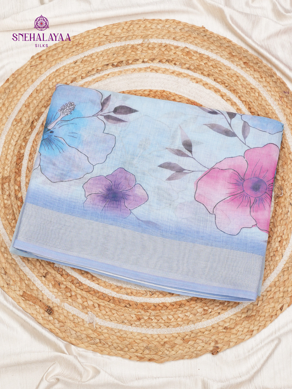 Pastel Blue Printed Linen Saree