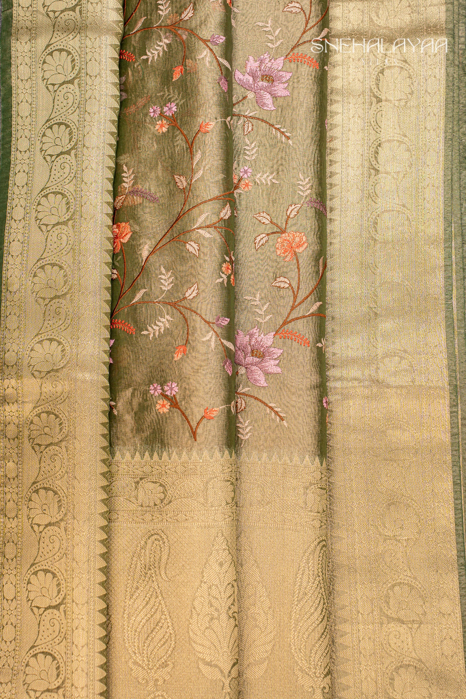 Olive Green Crush Tissue Saree