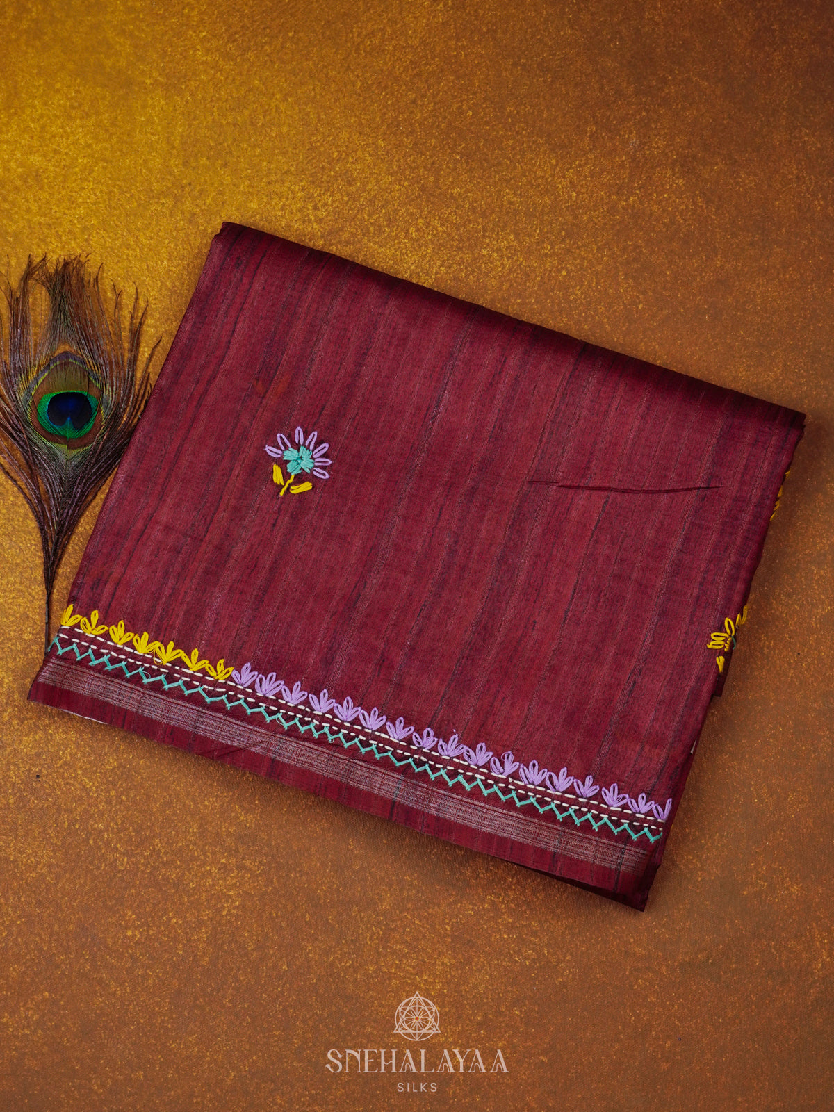 Maroon Tussar Embroidery Saree