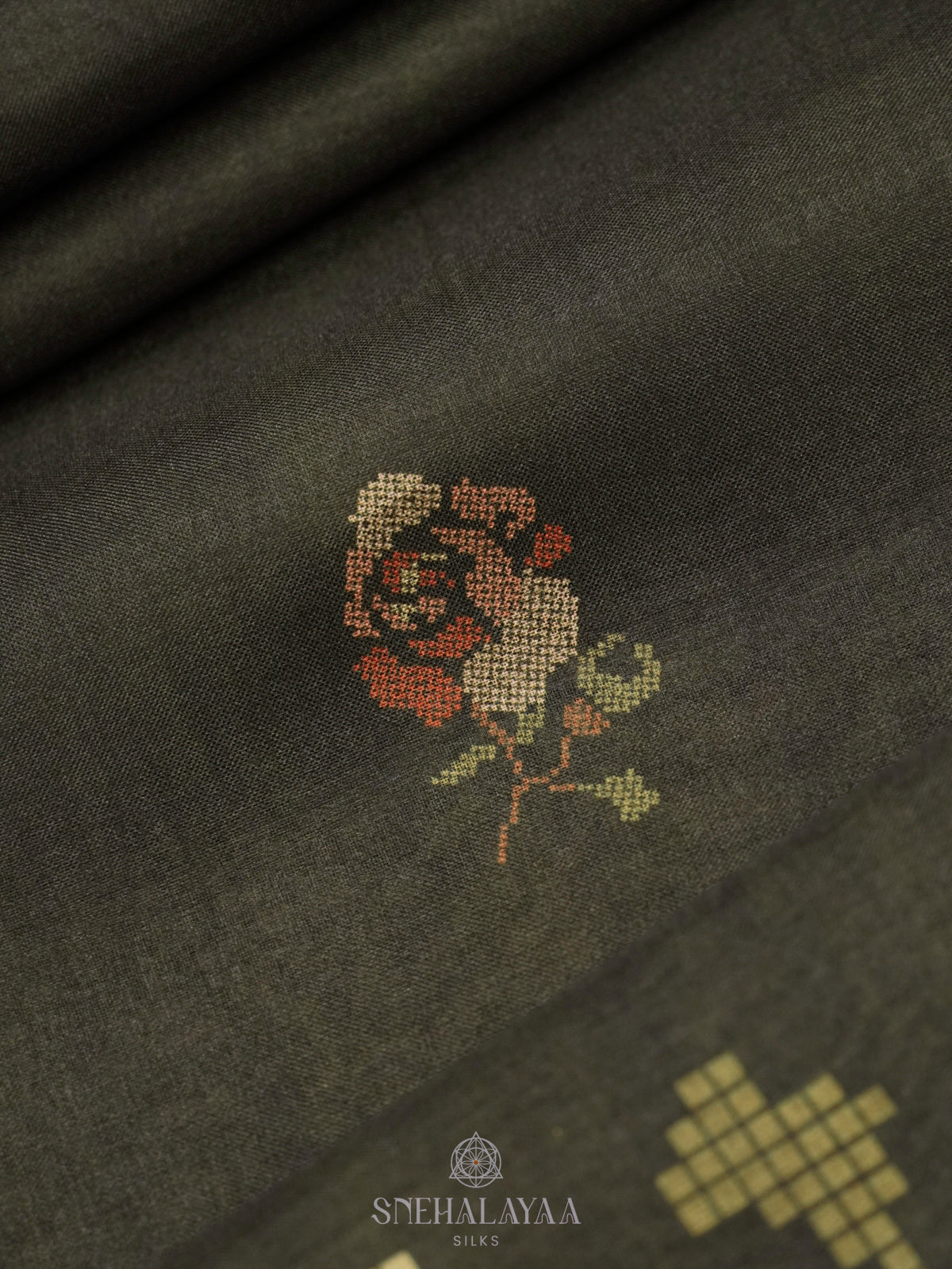 Olive Green Floral Printed Tussar Saree