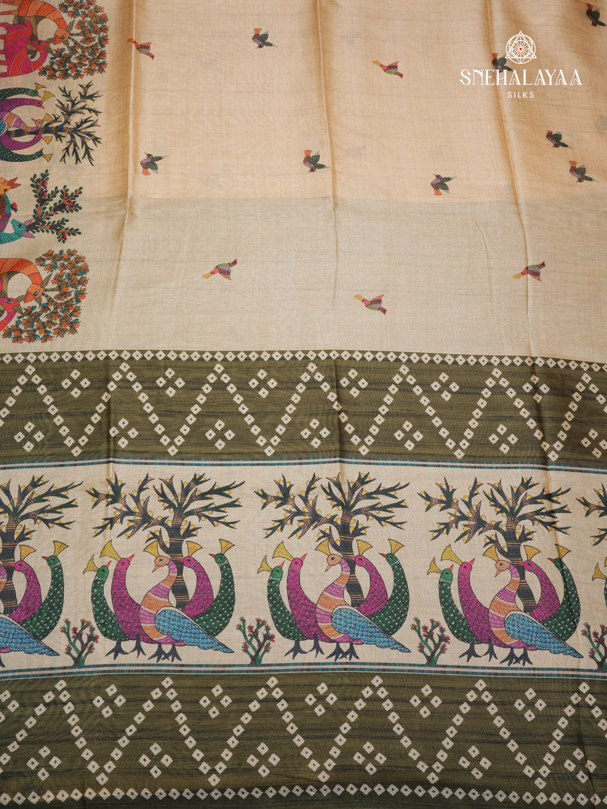 Cream With Olive Green Border Floral Printed Tussar Saree