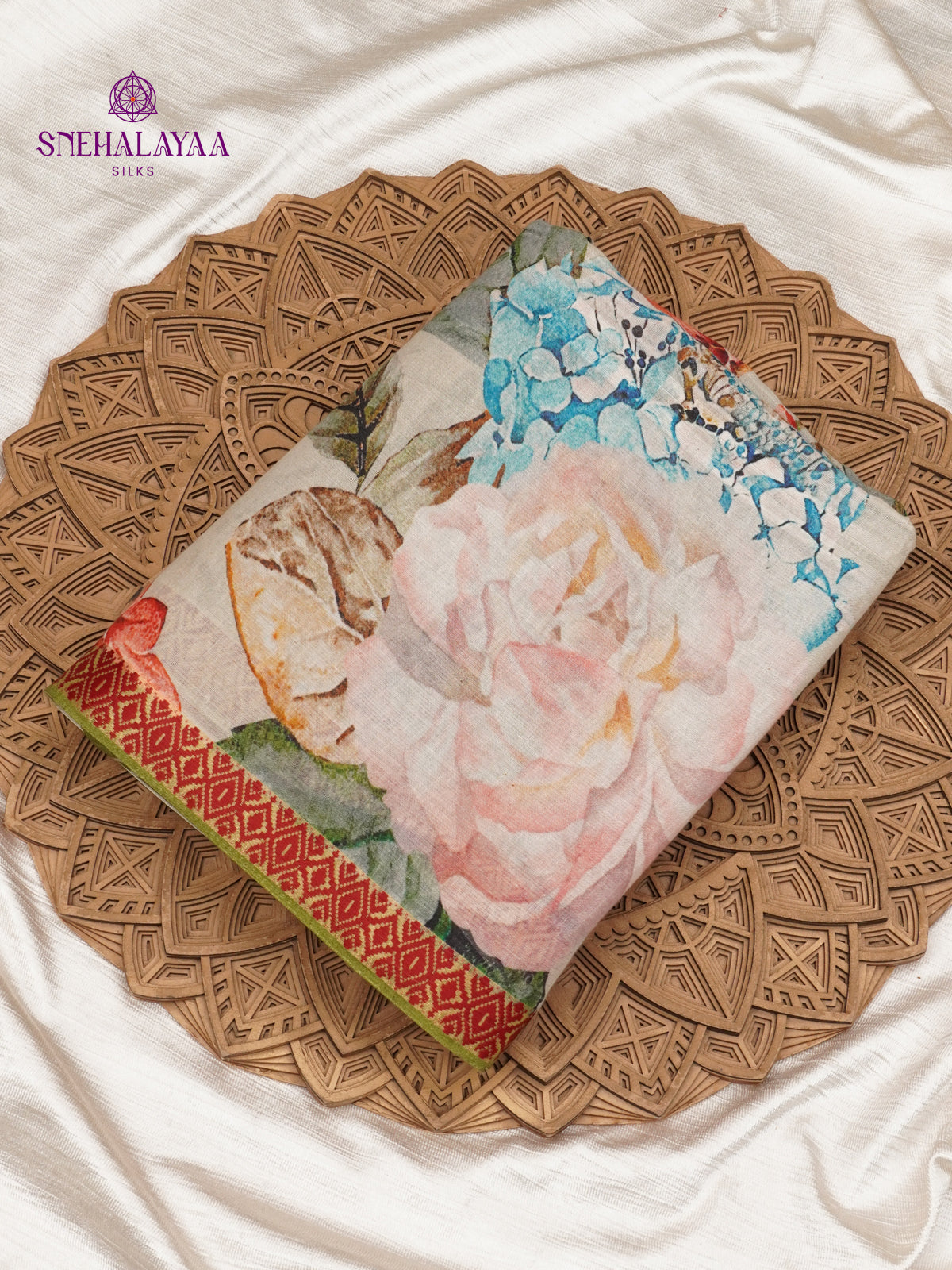 Off White Printed Linen Cotton Saree