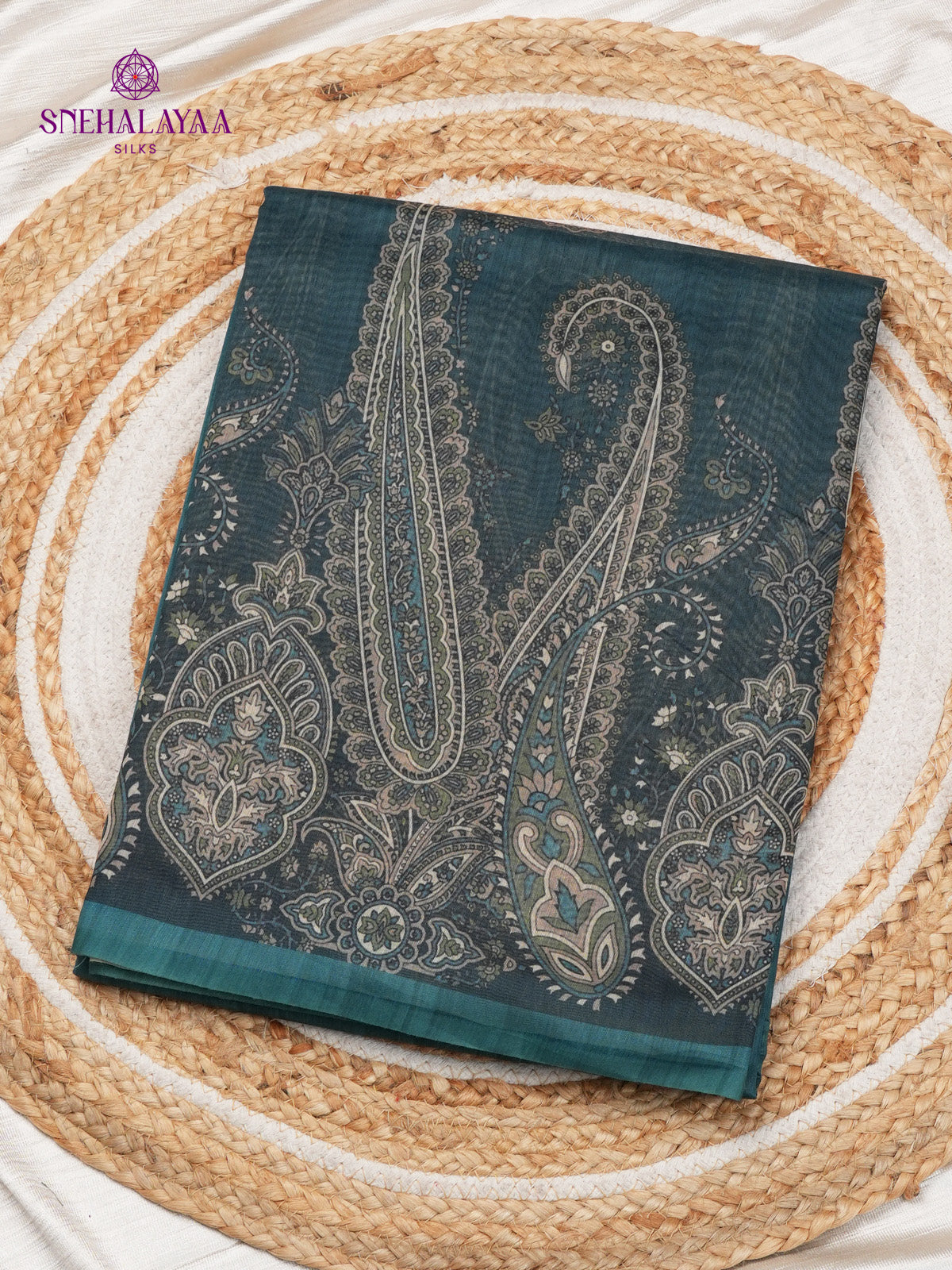 Teal Blue Printed Linen Saree