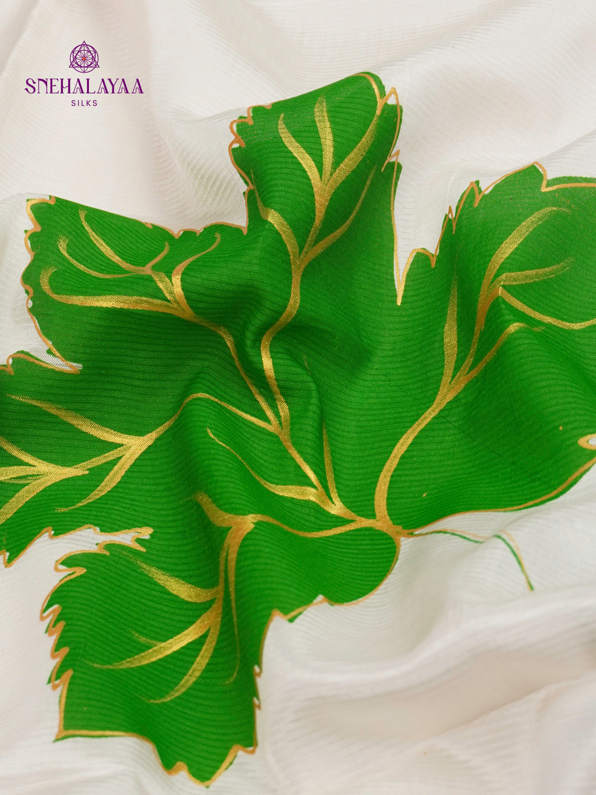 Off White Mangalagiri Silk Cotton Saree with Hand Painted Green Leaf Motifs