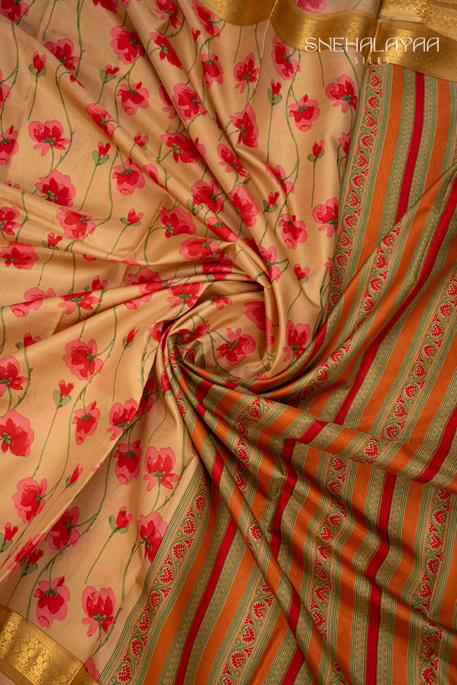 Cream Printed Mysore Silk Saree
