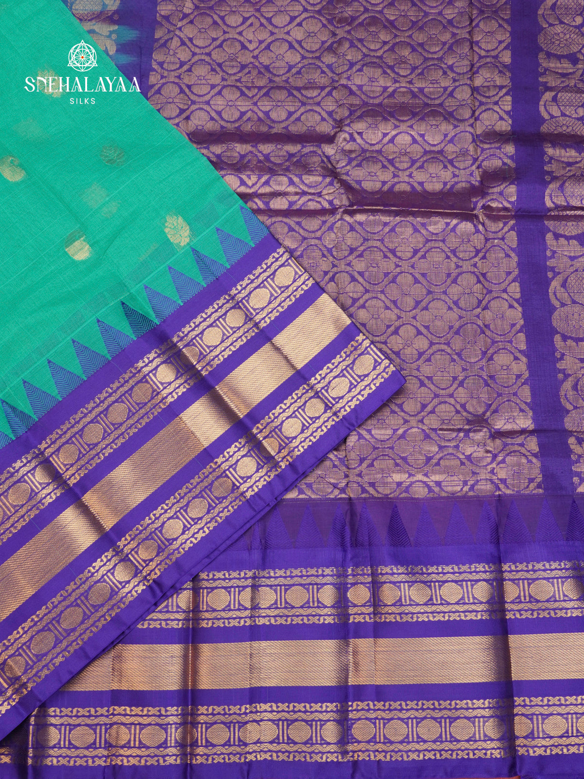 Teal Green Gadwal Cotton Saree Without Blouse