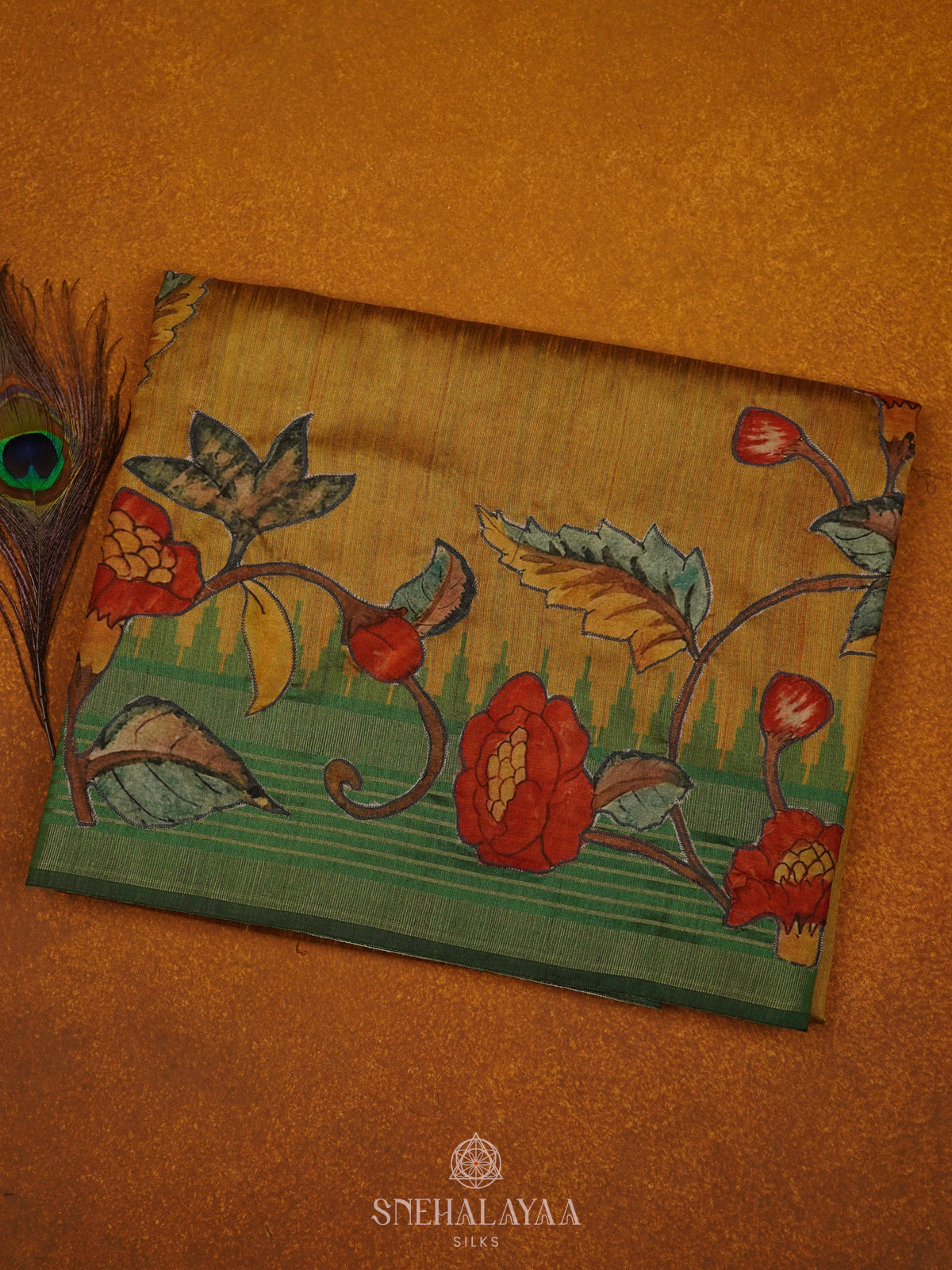 Mustard Munga Tussar Embroidery Saree