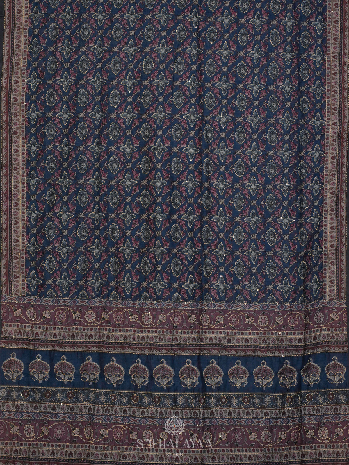 Navy Blue Linen Embroidery Saree