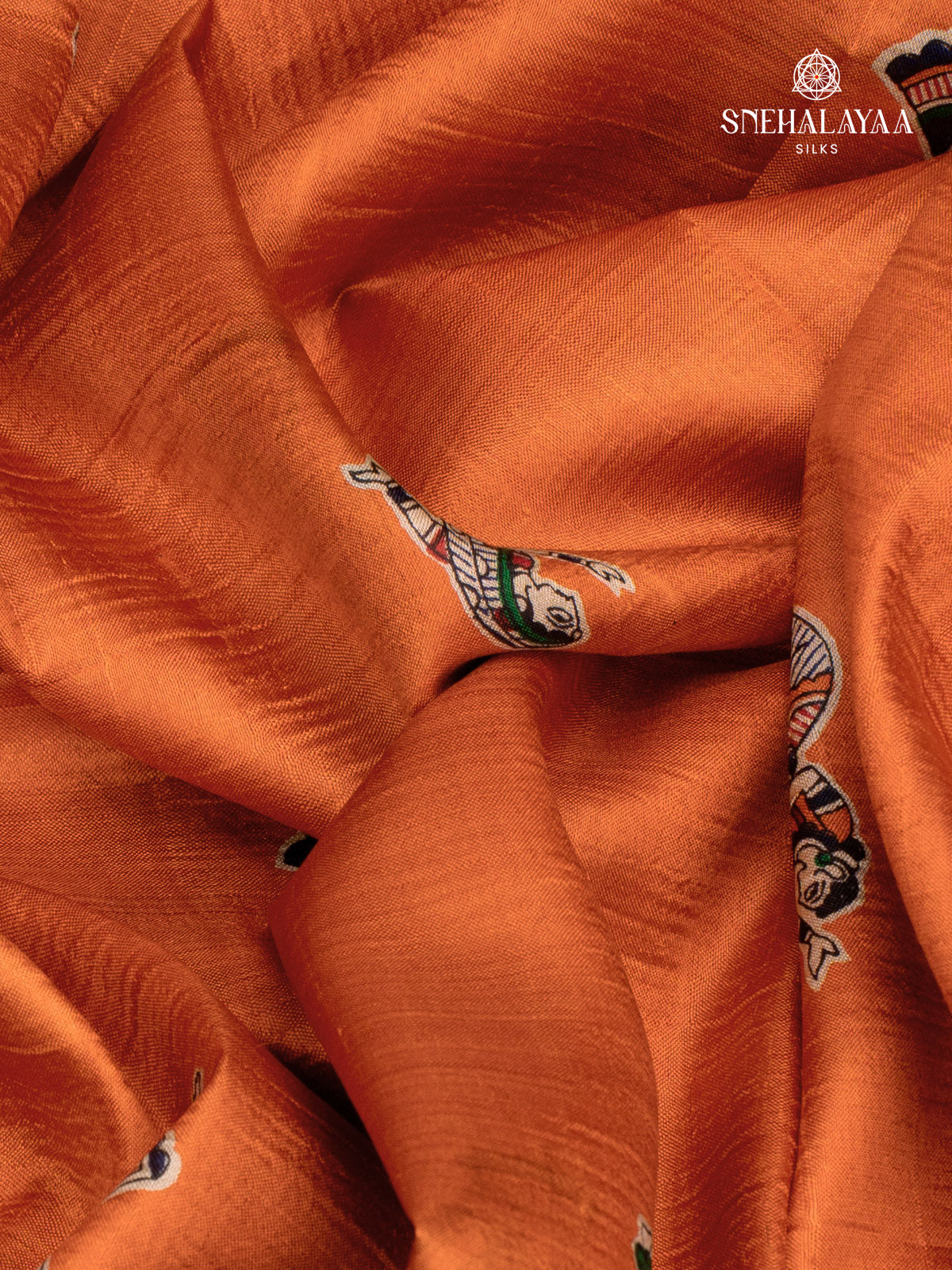 Orange Printed Tussar Saree