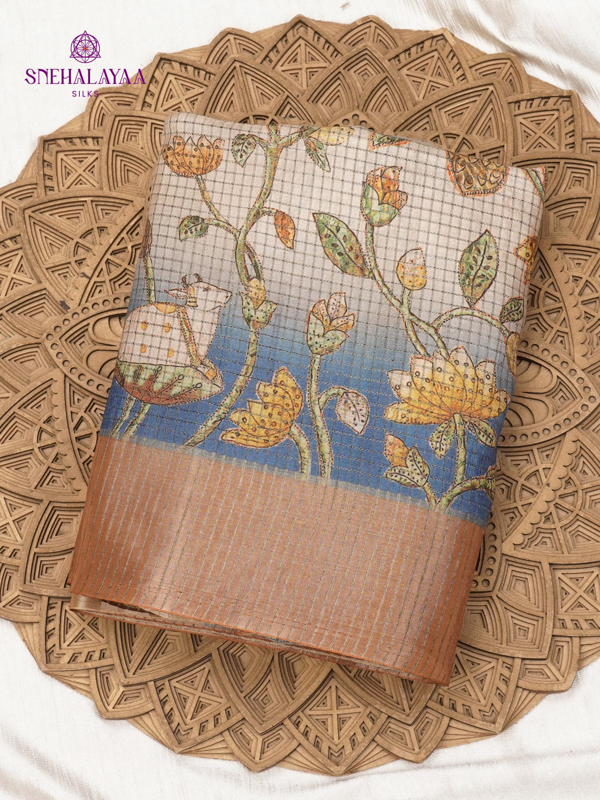 Off White Floral Printed Tussar Saree