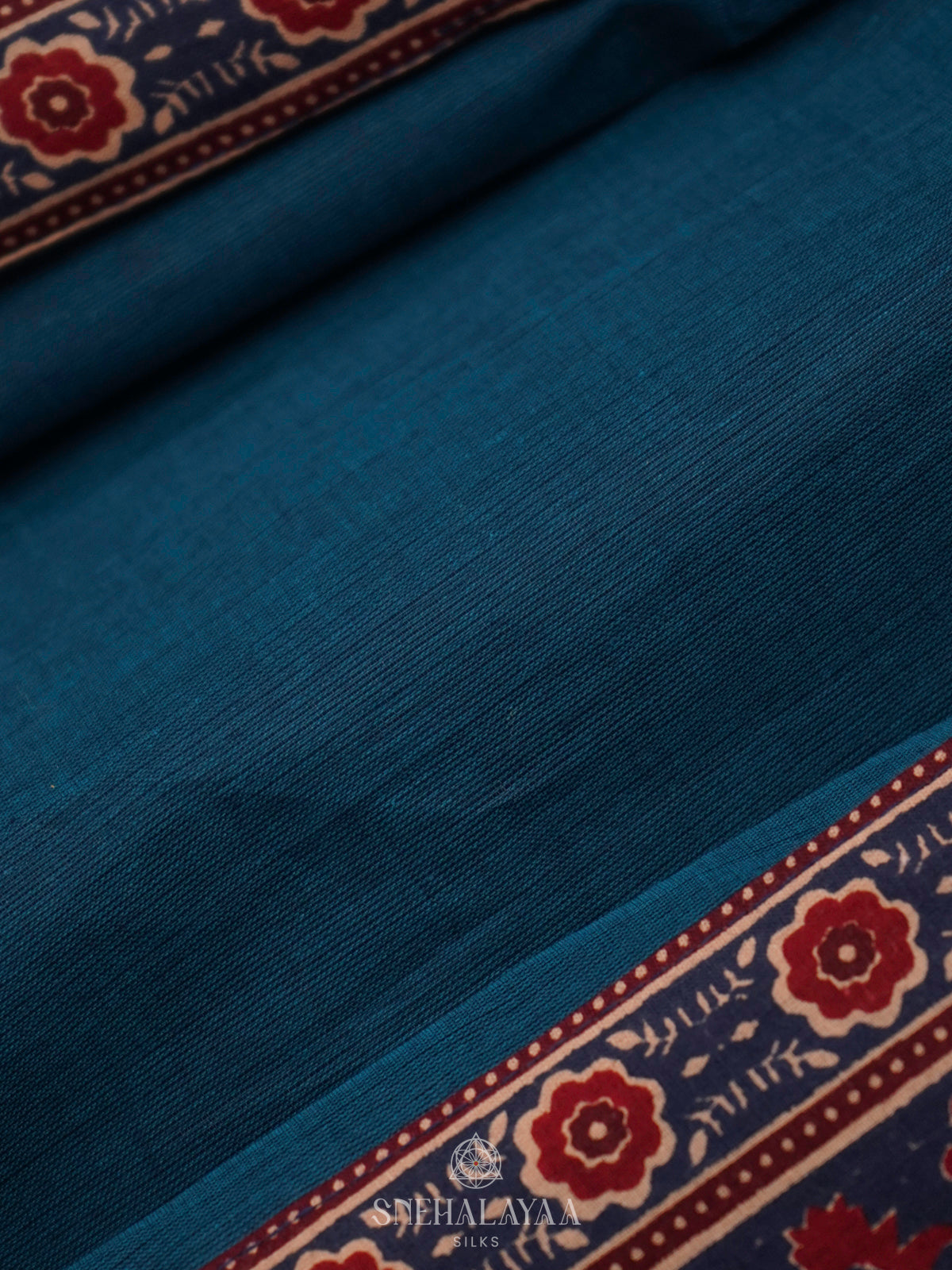 Peacock Blue Printed Cotton Saree