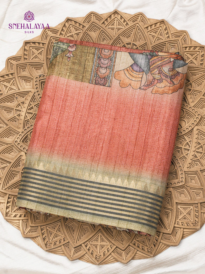 Beige With Red Border Kalamkari Tussar Saree