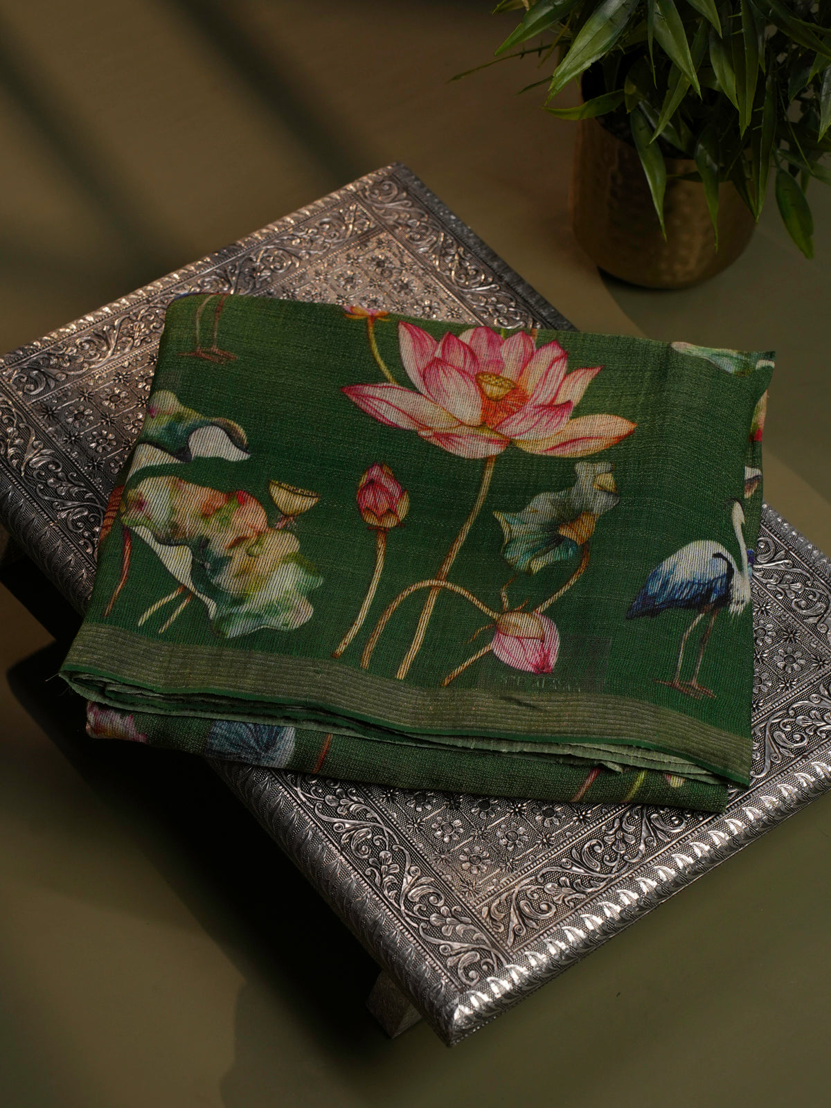 Green Linen Kora Silk Saree