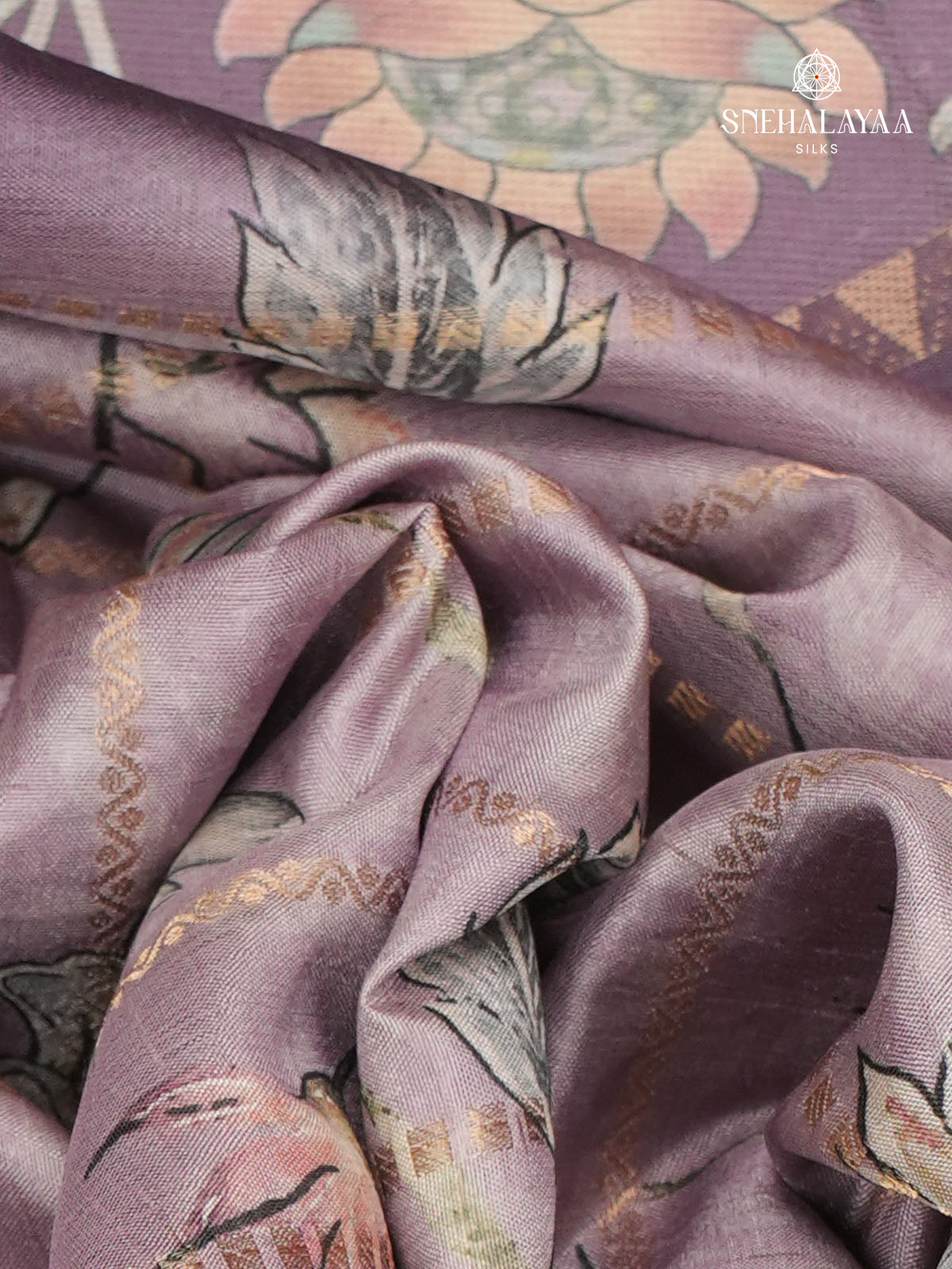Lilac Floral Printed Tussar Saree