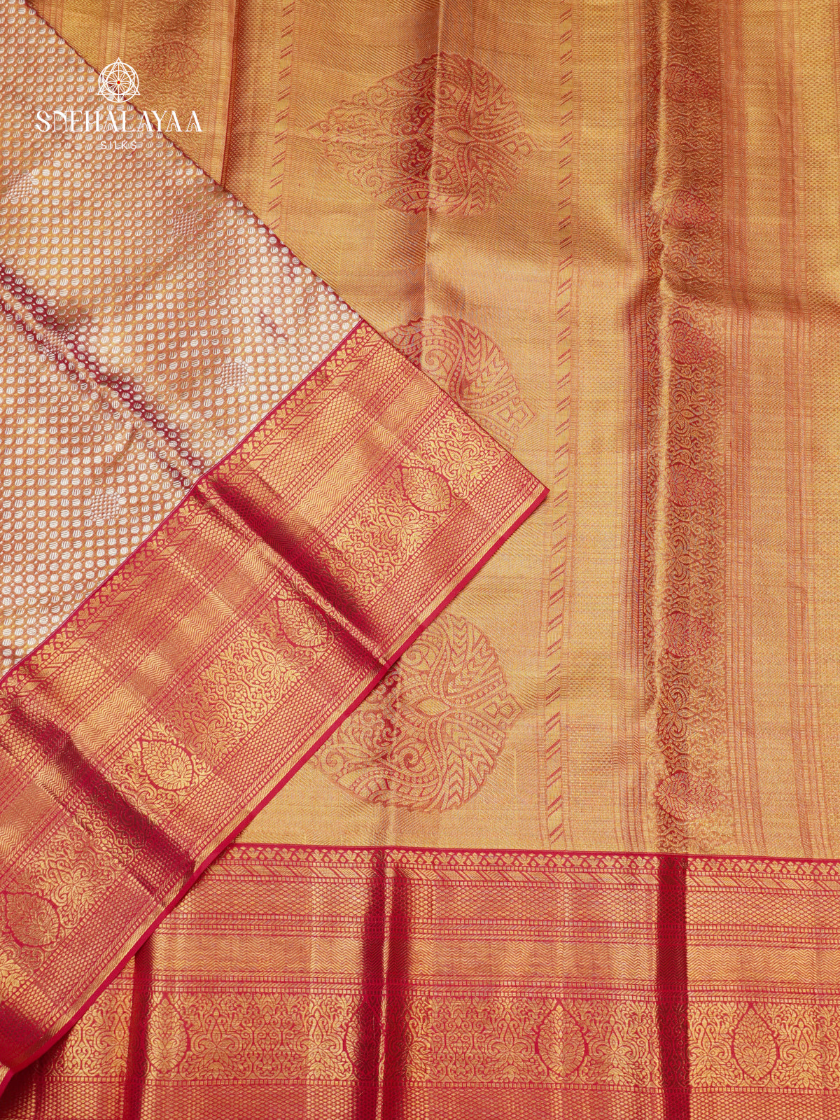 Golden Beige Pure Kanchipuram Silk Saree with Red Zari Border