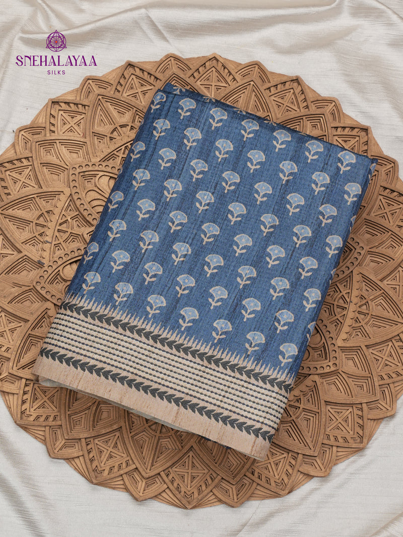 Teal Blue Tussar Embroidery Saree