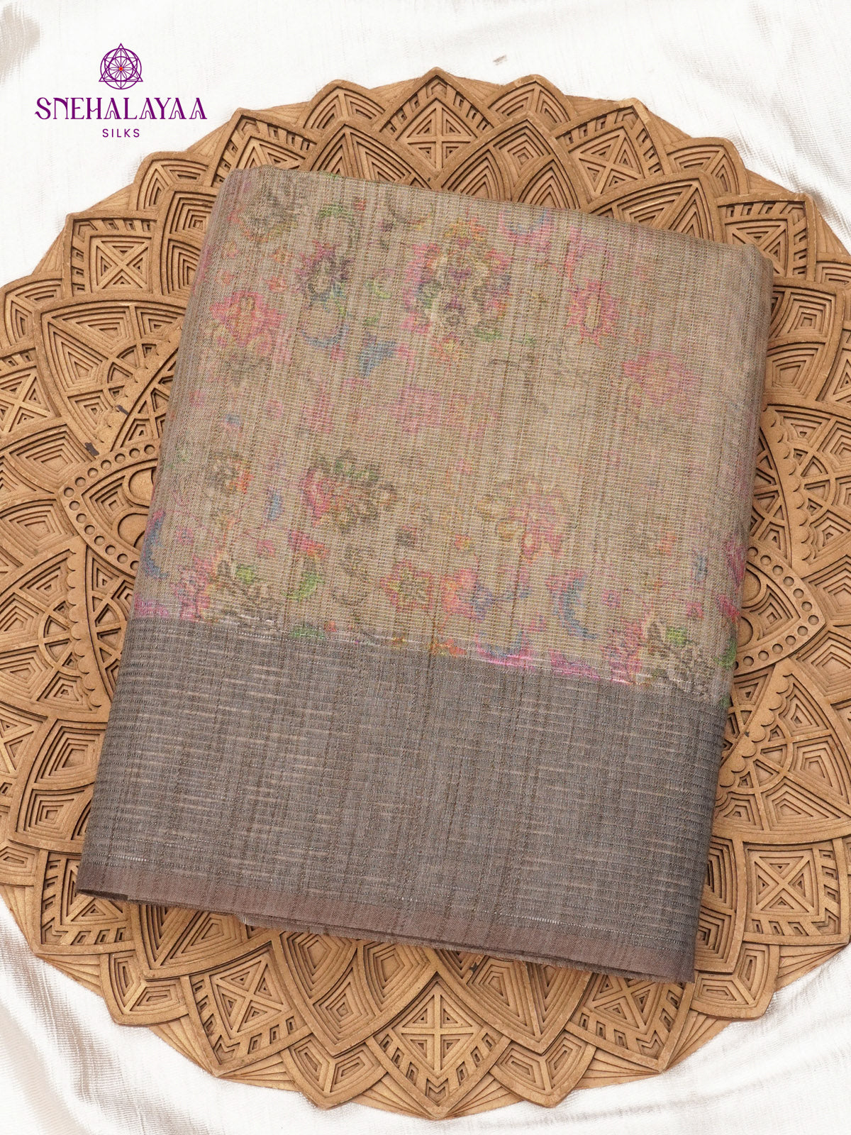 Brown Floral Printed Tussar Saree