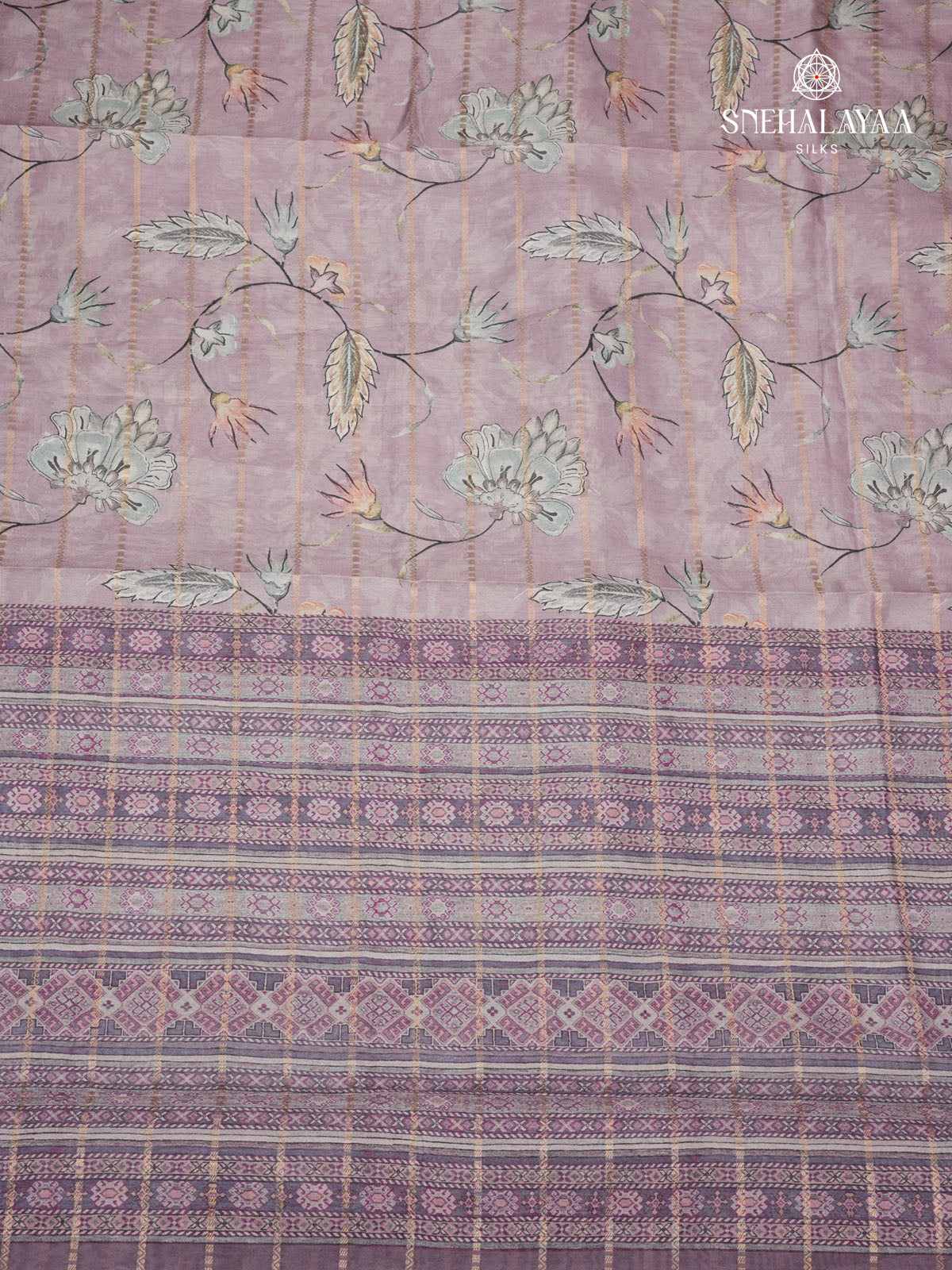 Lilac Floral Printed Tussar Saree