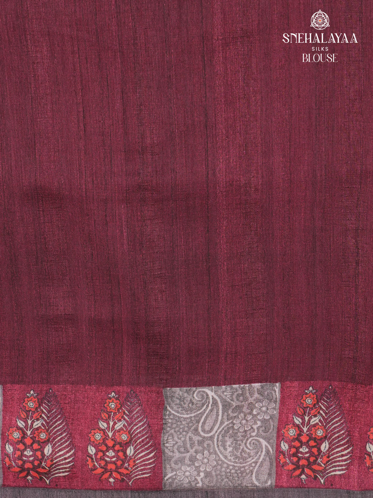 Burdundy Floral Printed Tussar Saree
