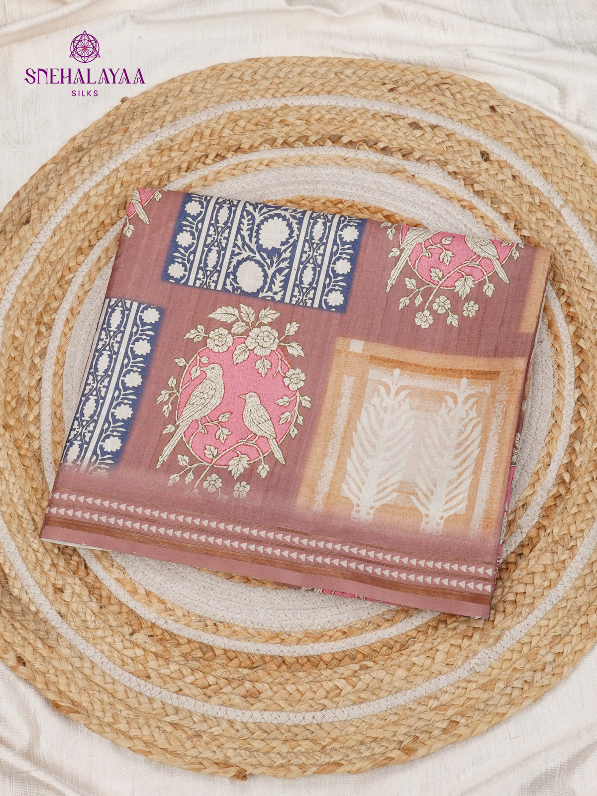 Brown Floral Printed Tussar Saree