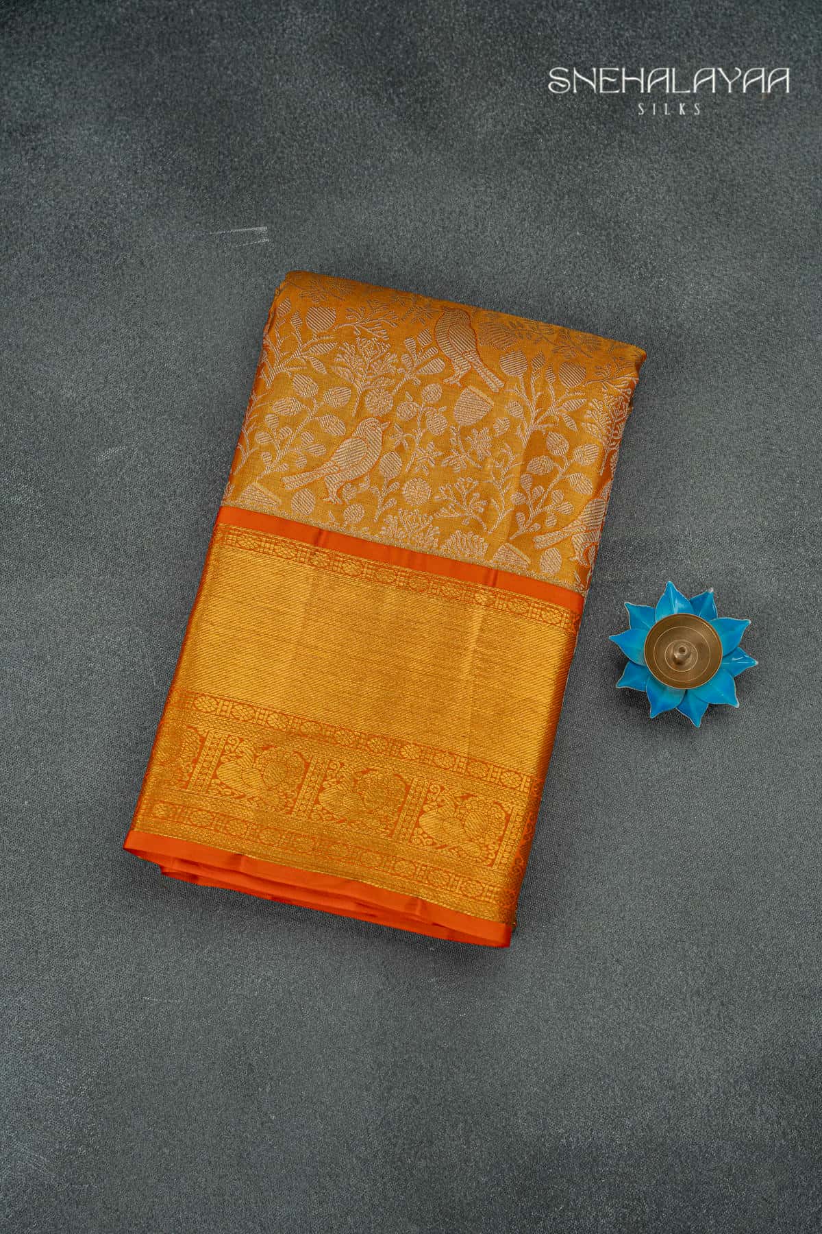 Gold and Orange Kancheevaram Wedding Silk Saree
