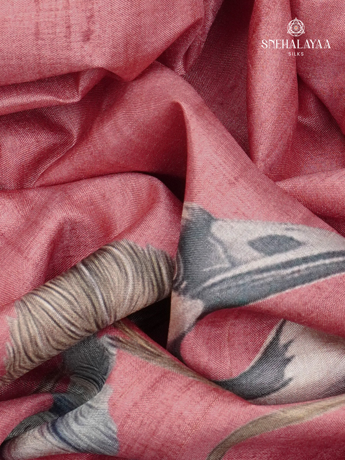 Pink Floral Printed Tussar Saree