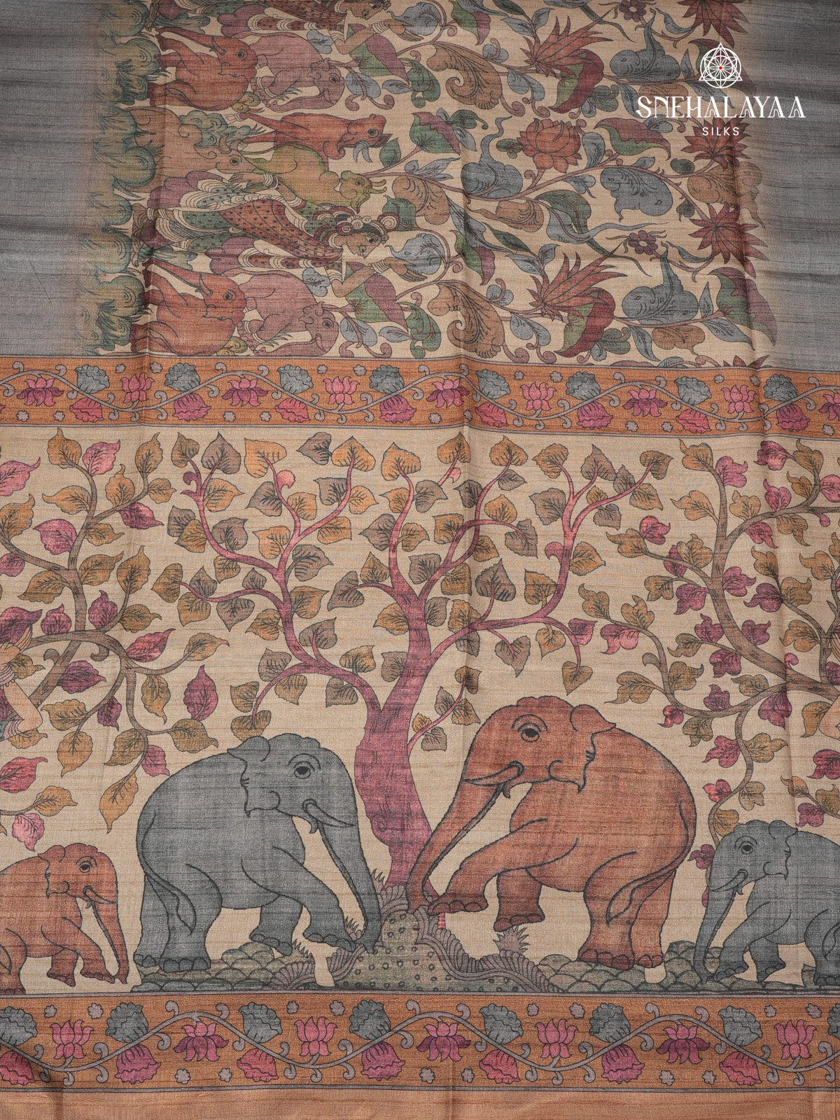 Beige With Grey Border Kalamkari Tussar Saree