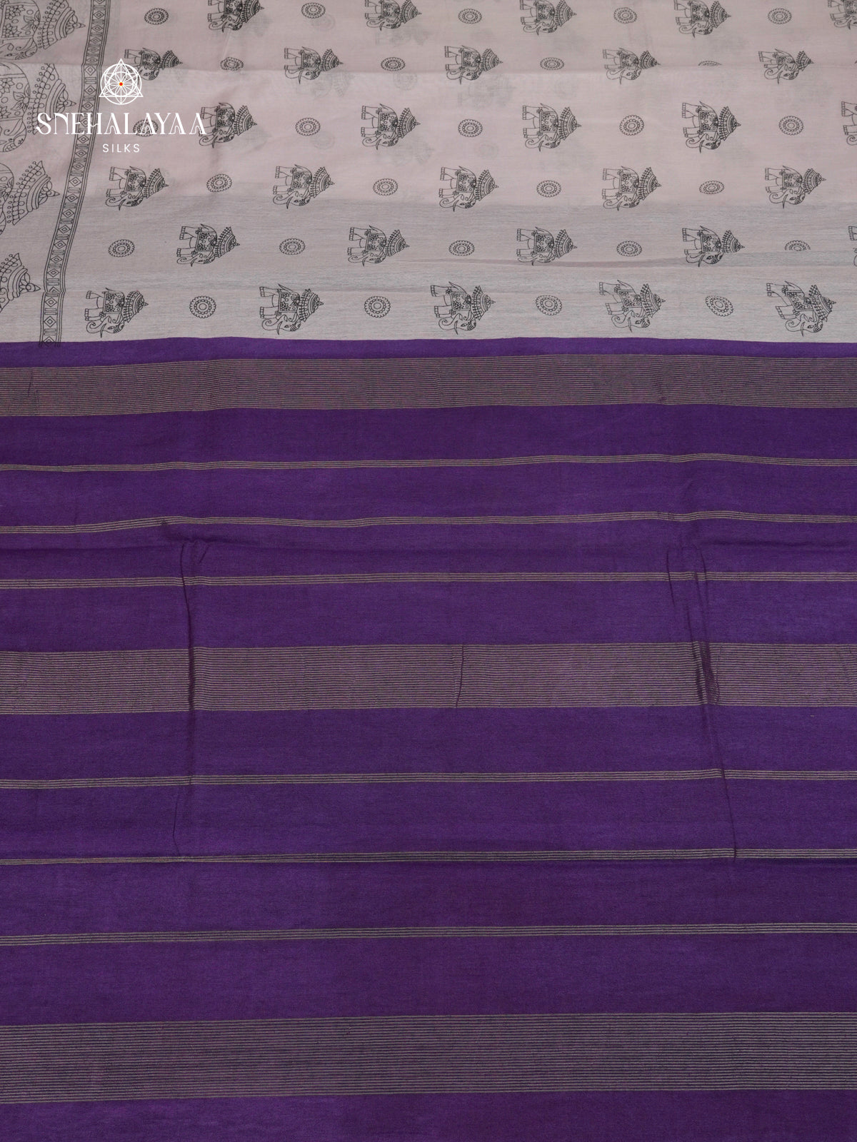 Off-White Kalamkari Saree with Purple Woven Border