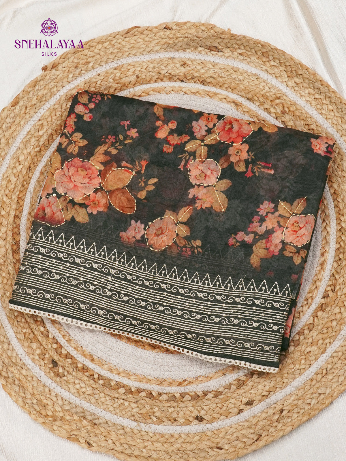 Black Linen Embroidery Saree